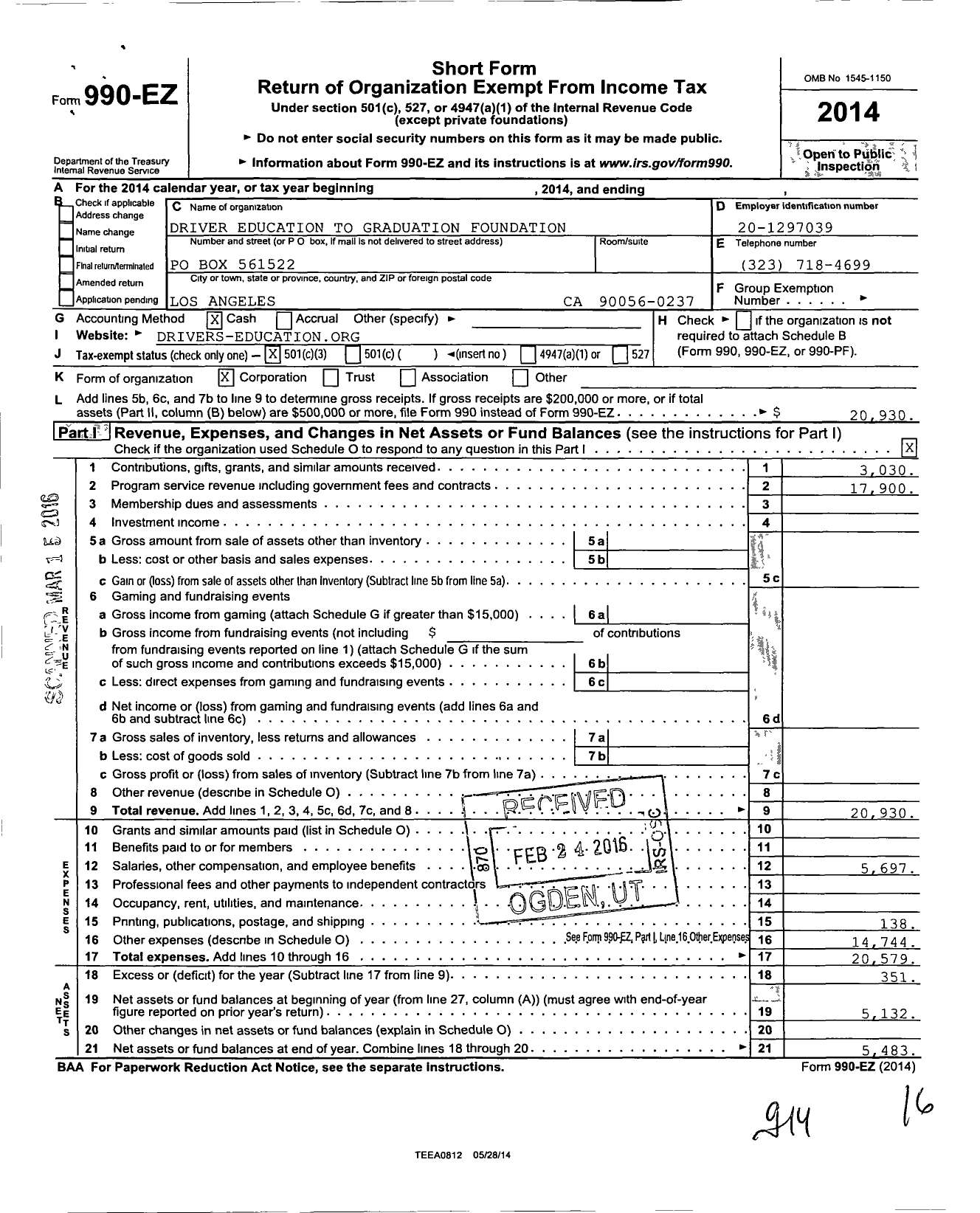 Image of first page of 2014 Form 990EZ for Driver Education To Graduation Foundation