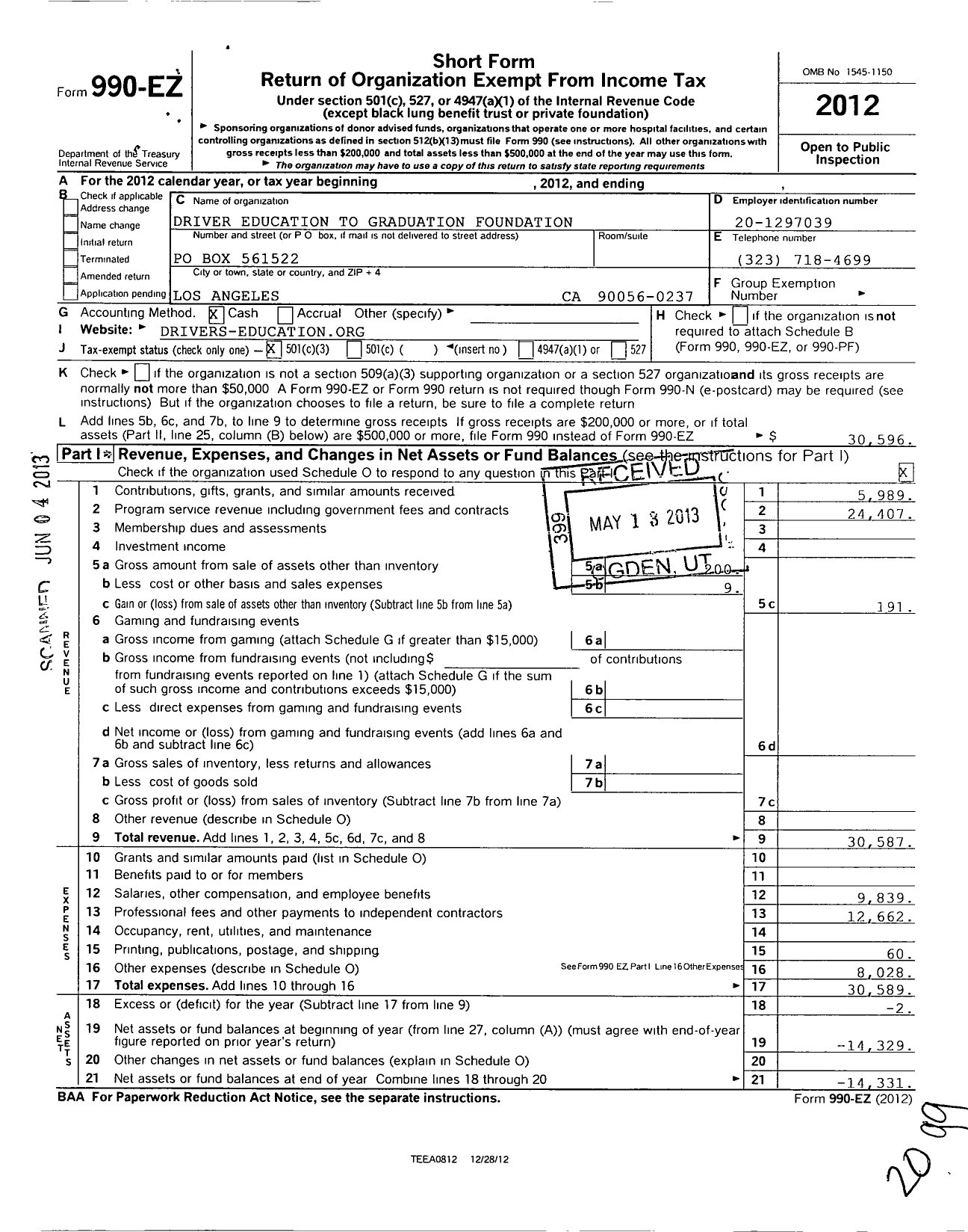 Image of first page of 2012 Form 990EZ for Driver Education To Graduation Foundation