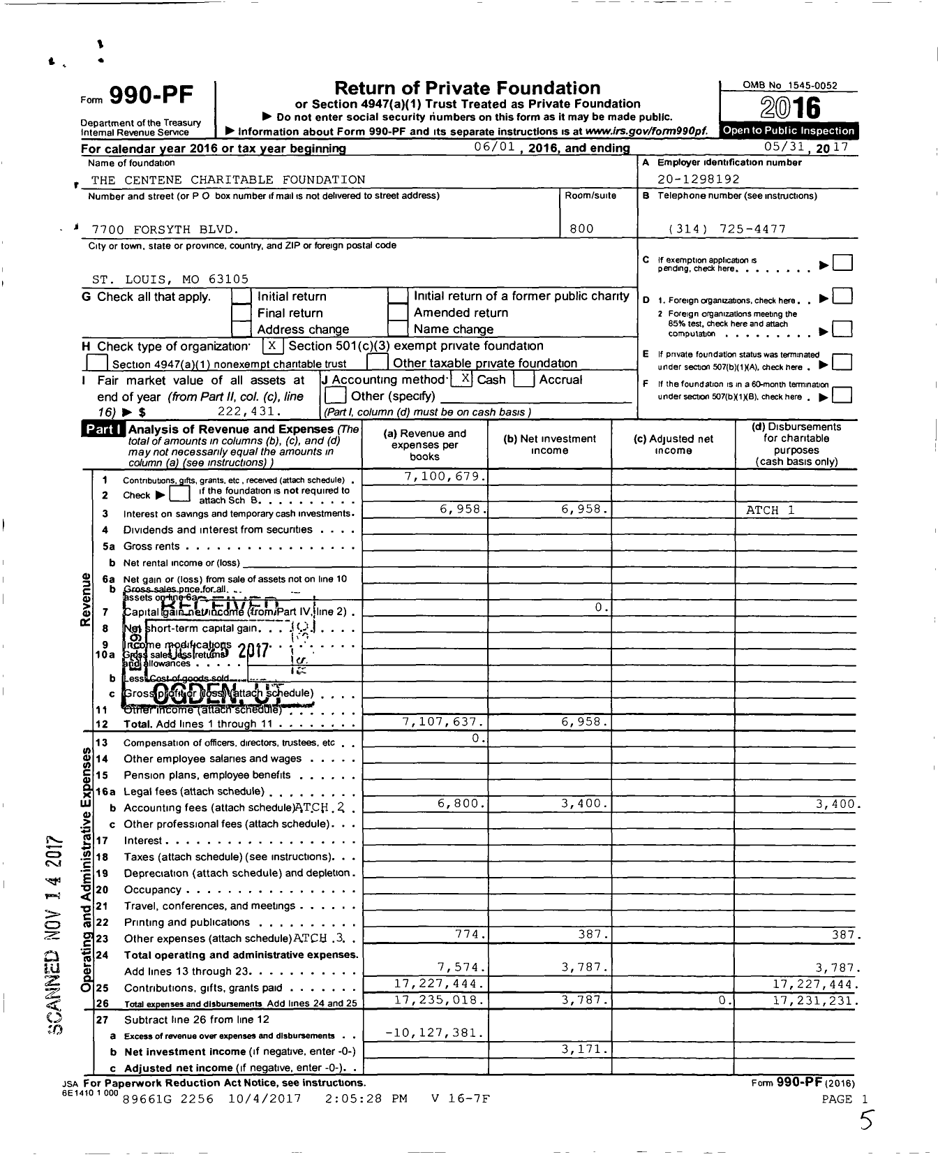 Image of first page of 2016 Form 990PF for Centene Charitable Foundation
