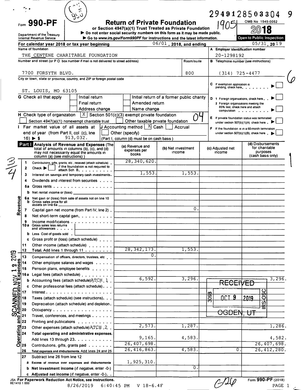Image of first page of 2018 Form 990PF for Centene Foundation