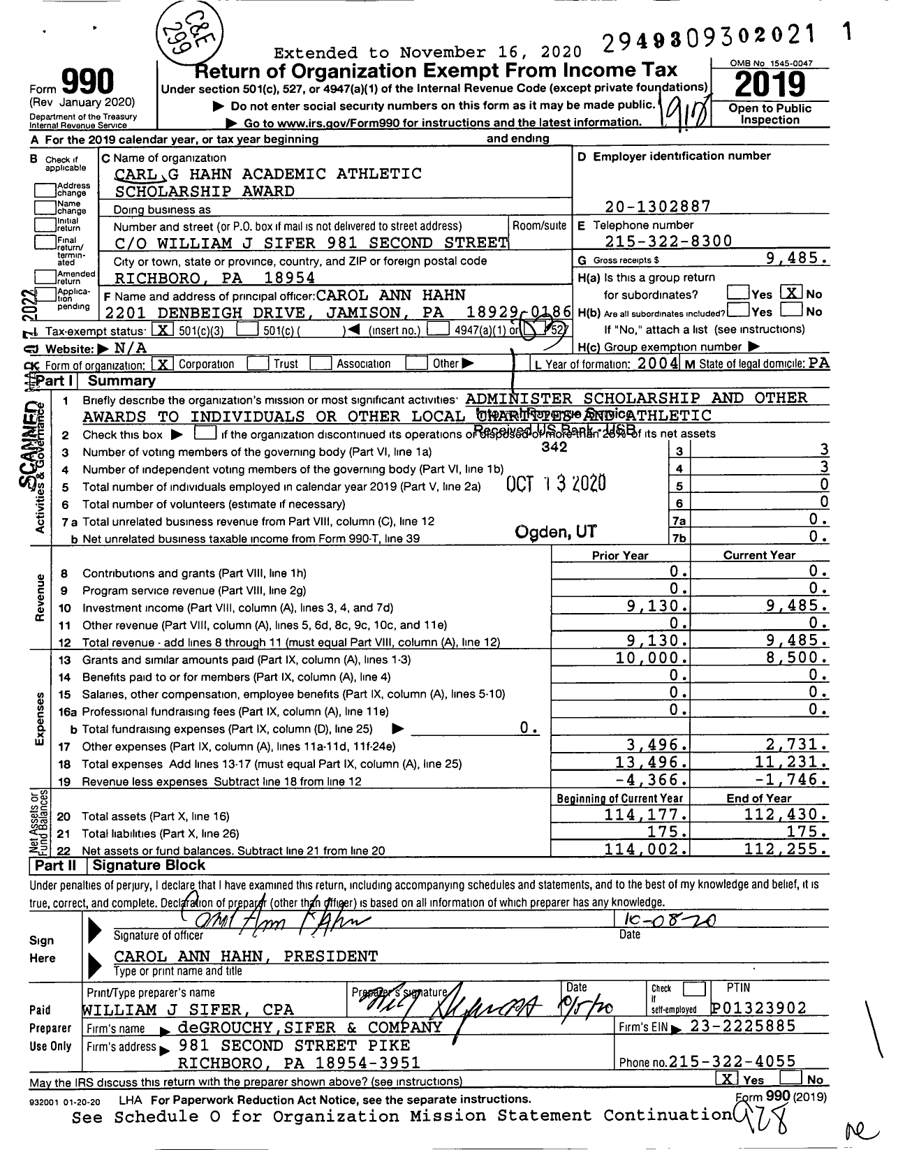 Image of first page of 2019 Form 990 for Carl G Hahn Academic Athletic Scholarship Award