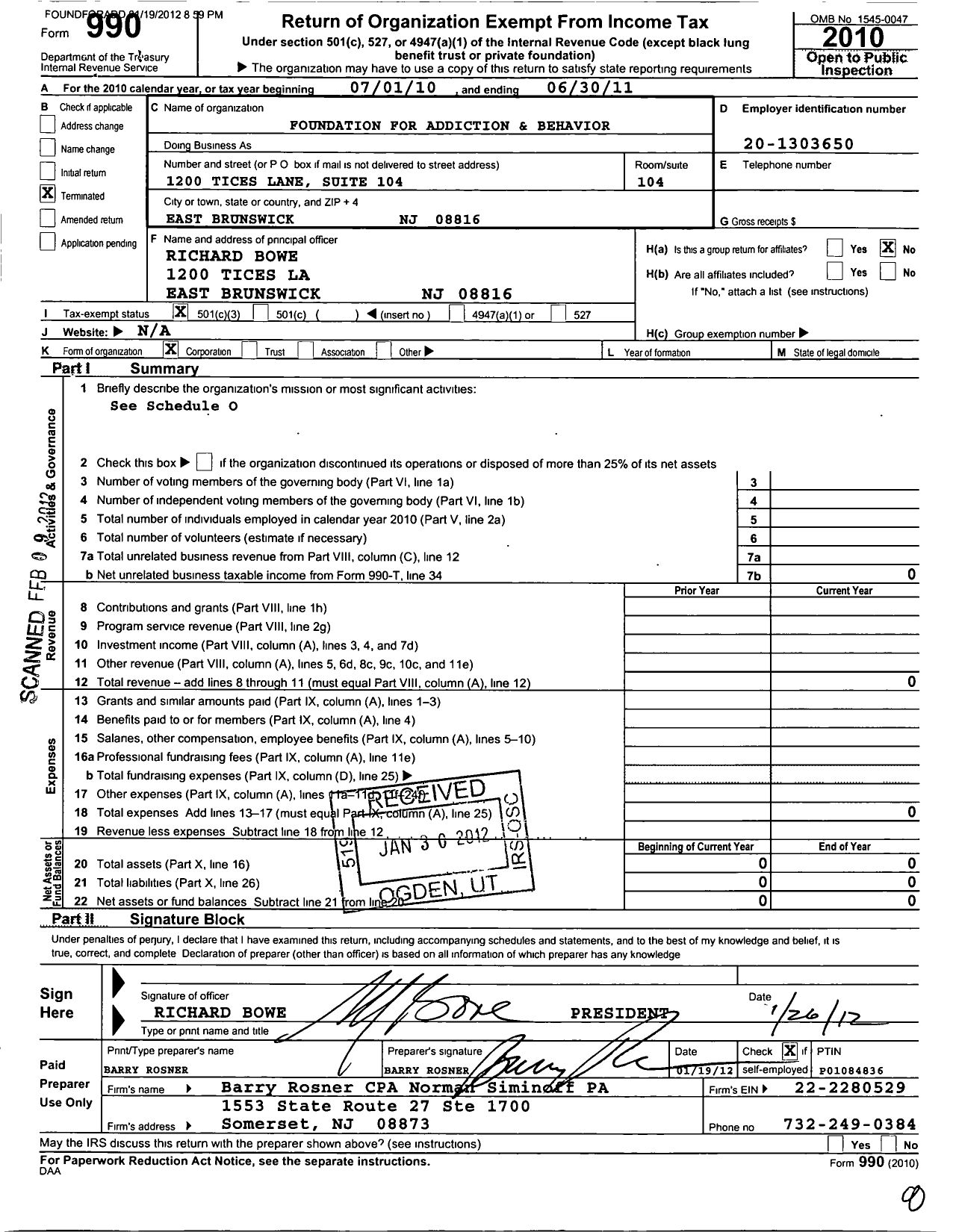 Image of first page of 2010 Form 990 for Foundation for Addiction and Behavior