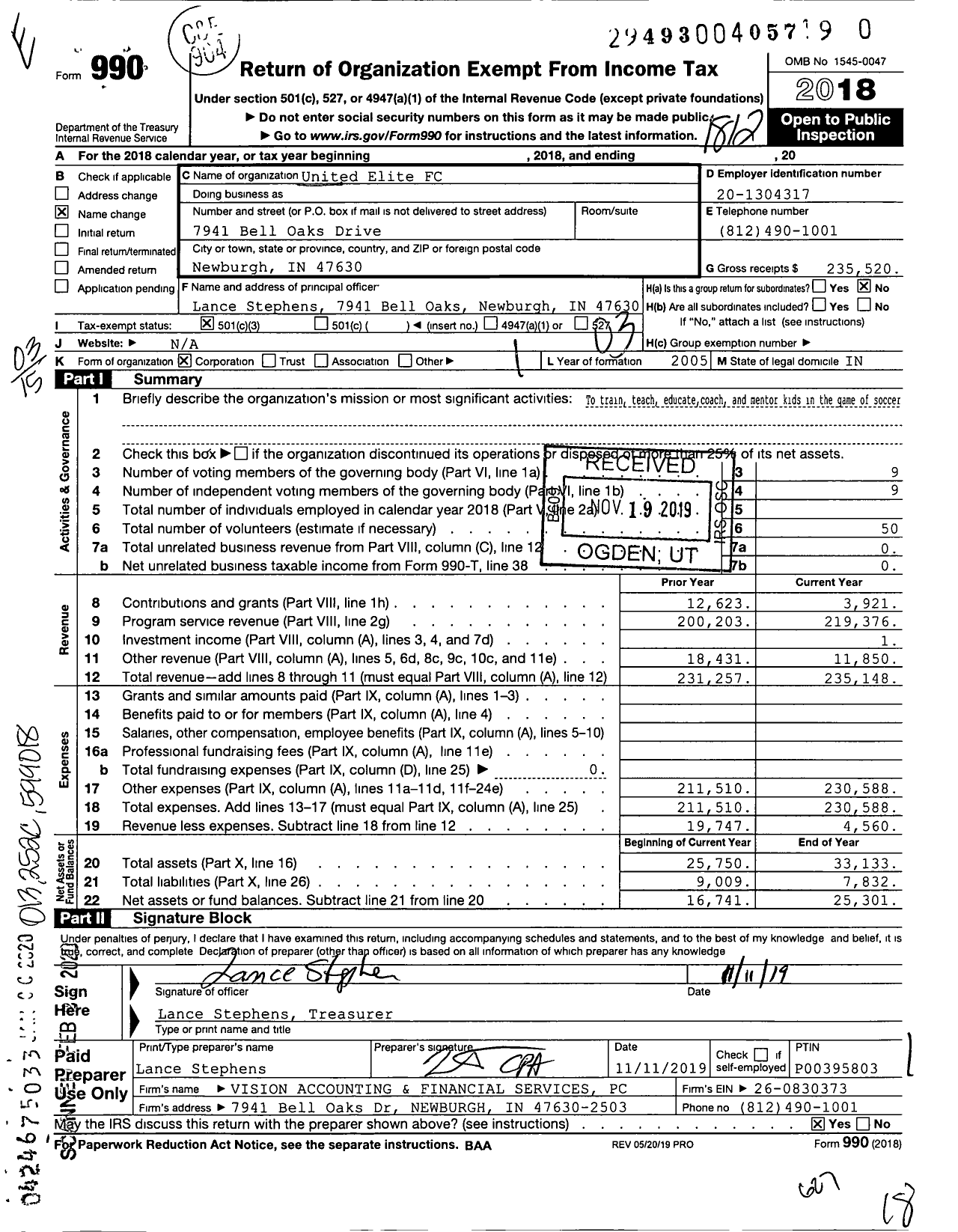 Image of first page of 2018 Form 990 for United Elite FC