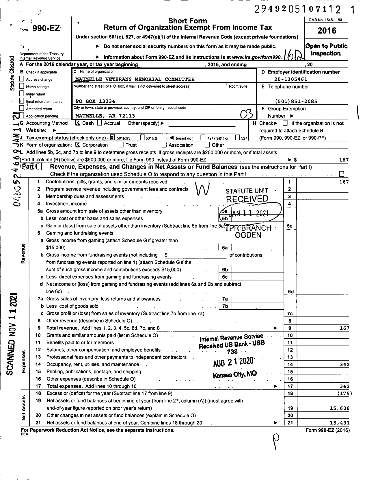 Image of first page of 2016 Form 990EZ for Maumelle Veterans Memorial Committee