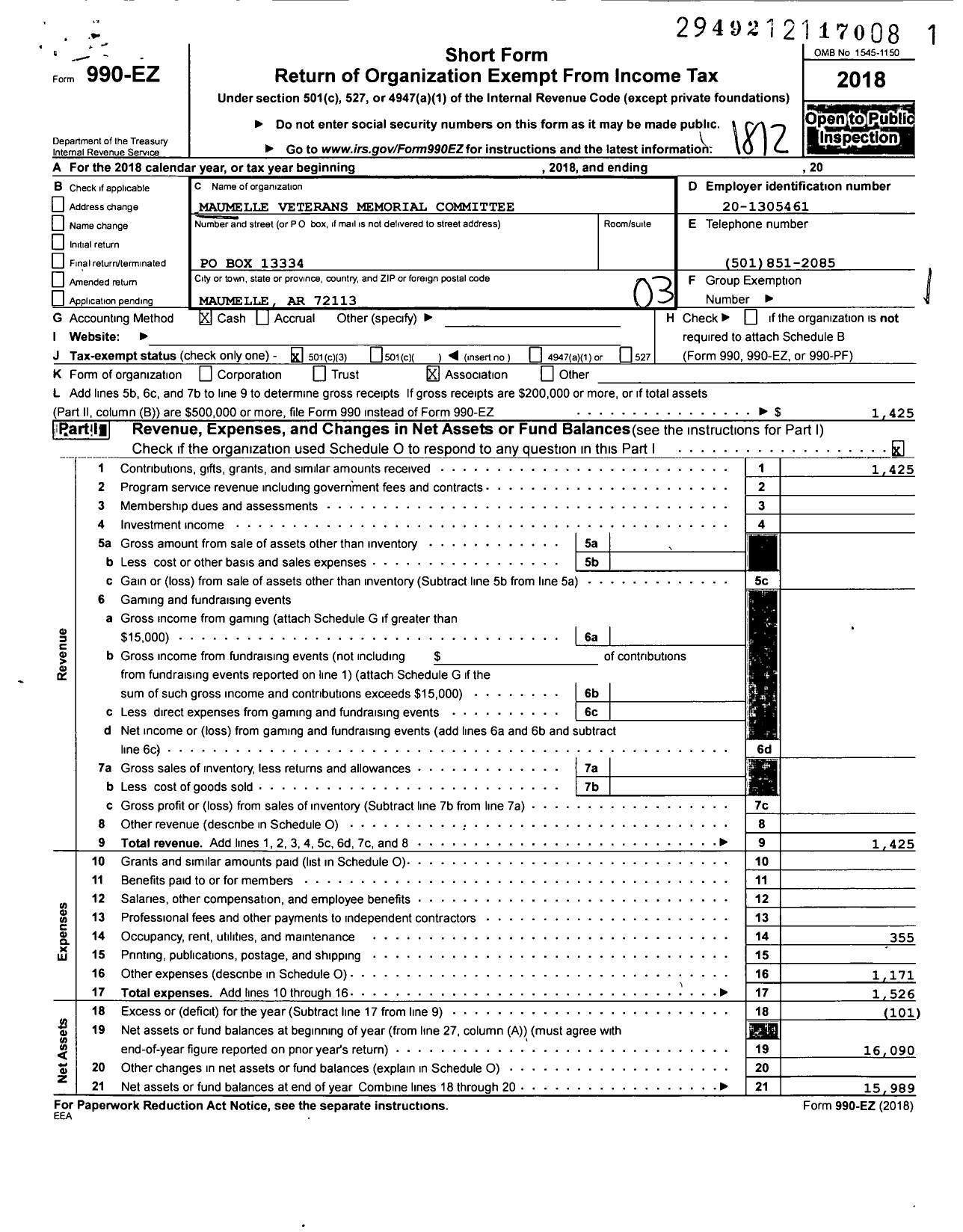 Image of first page of 2018 Form 990EZ for Maumelle Veterans Memorial Committee