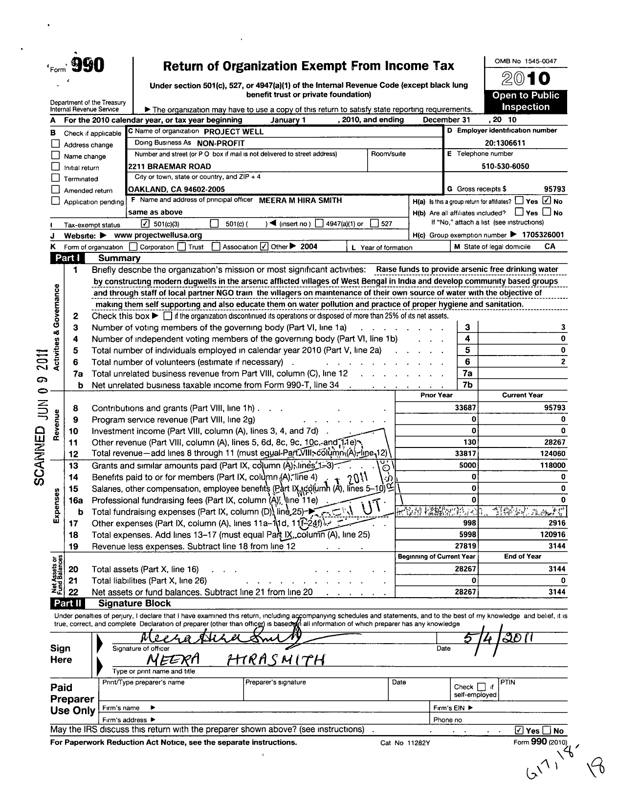 Image of first page of 2010 Form 990 for Project Well