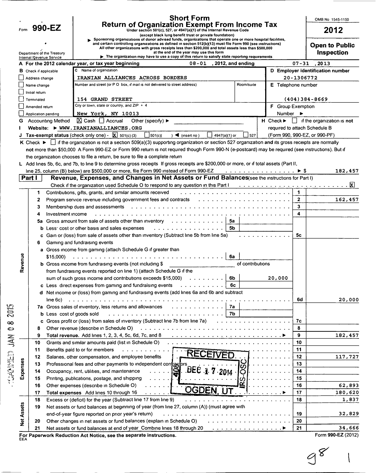 Image of first page of 2012 Form 990EZ for Iranian Alliances Across Borders