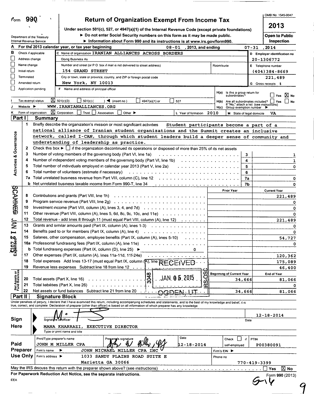 Image of first page of 2013 Form 990 for Iranian Alliances Across Borders