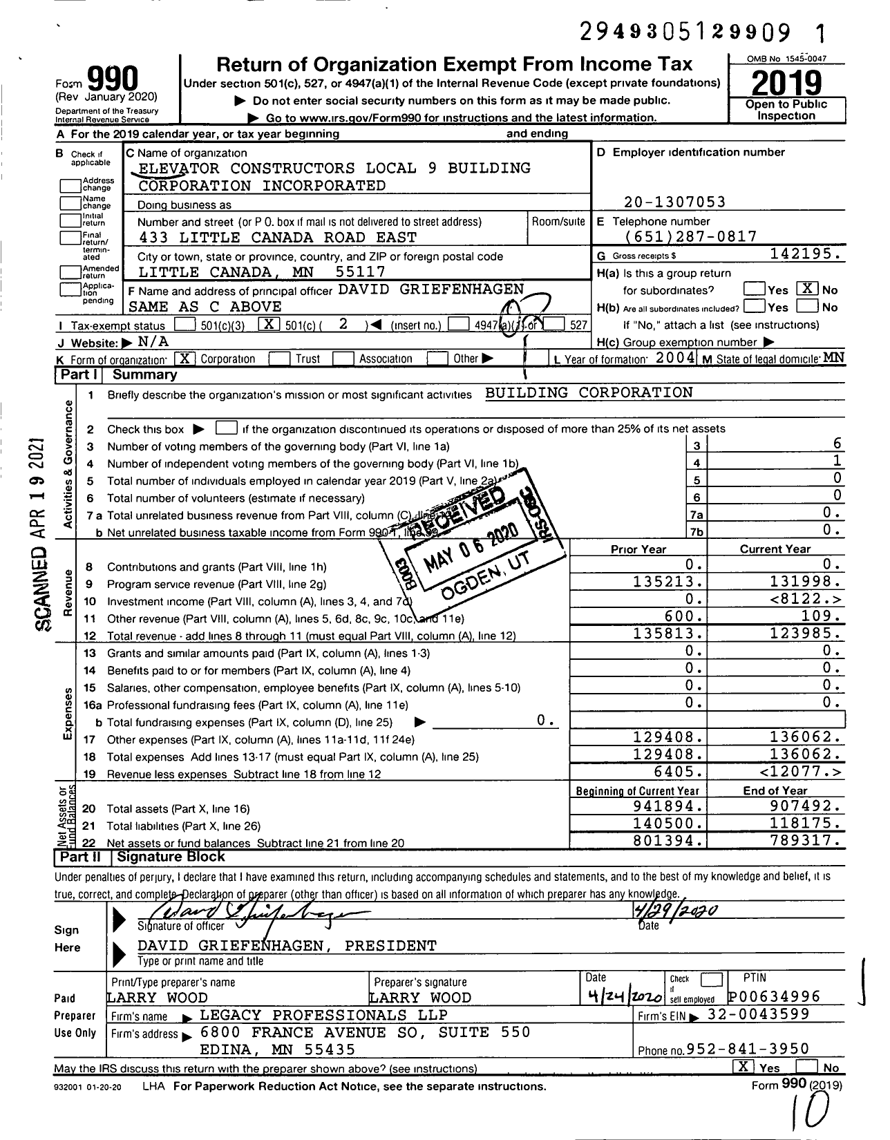 Image of first page of 2019 Form 990O for Elevator Constructors Local 9 Building Corporation Incorporated