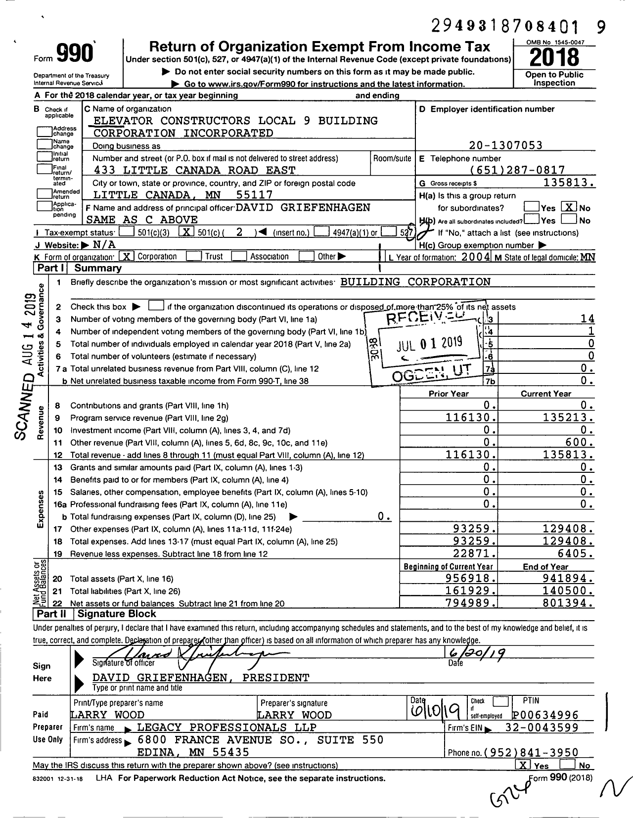 Image of first page of 2018 Form 990O for Elevator Constructors Local 9 Building Corporation Incorporated