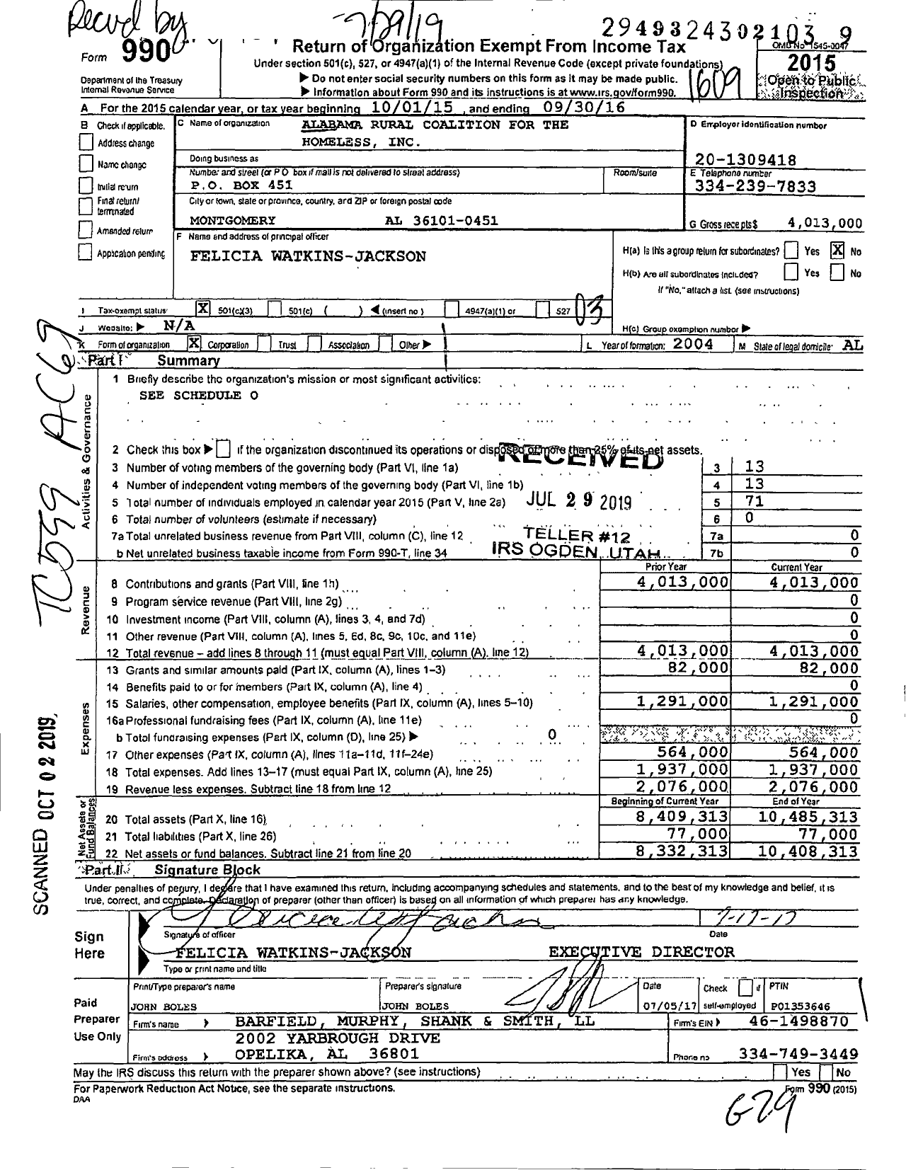 Image of first page of 2015 Form 990 for Alabama Rural Coalition of the Homeless