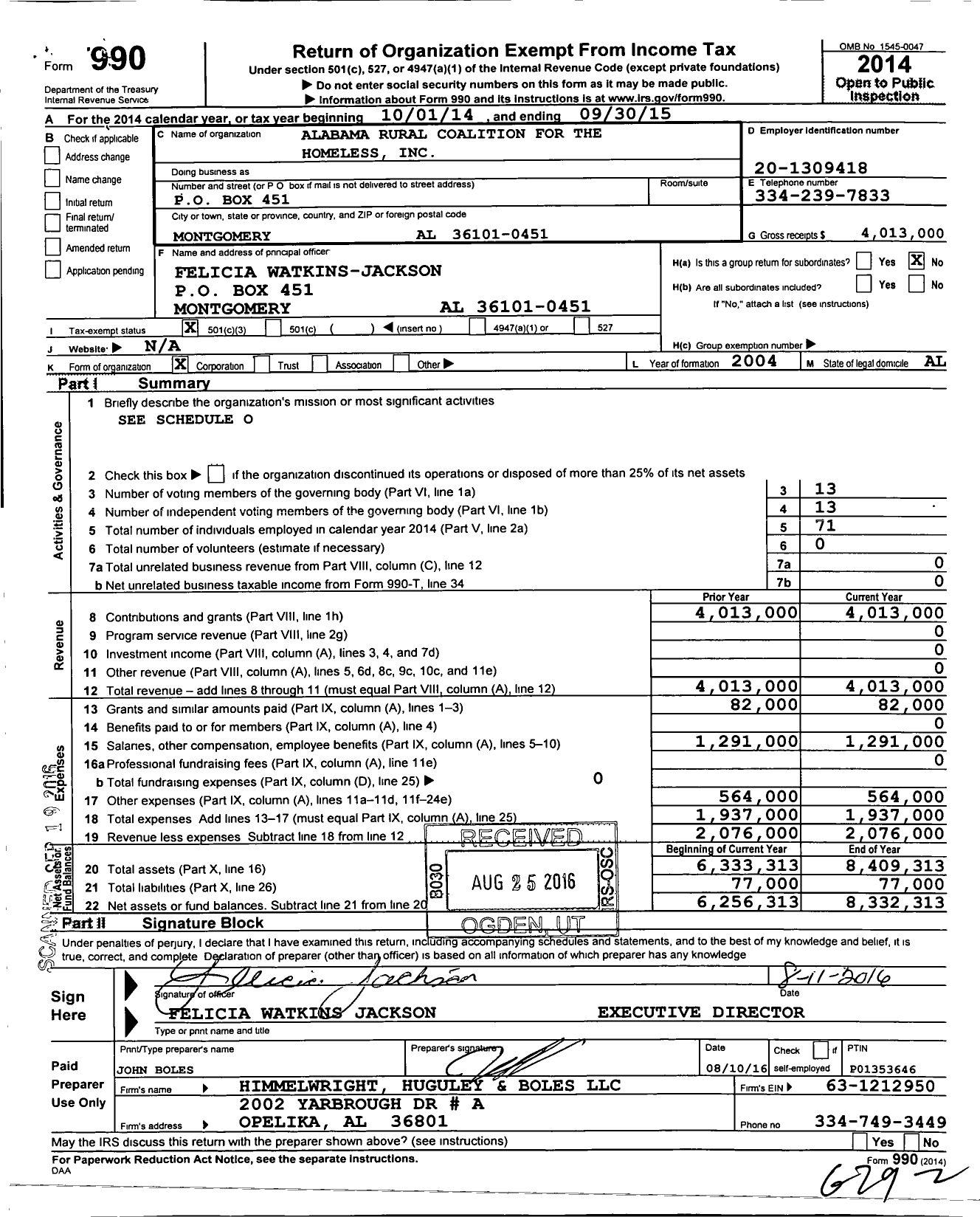 Image of first page of 2014 Form 990 for Alabama Rural Coalition of the Homeless