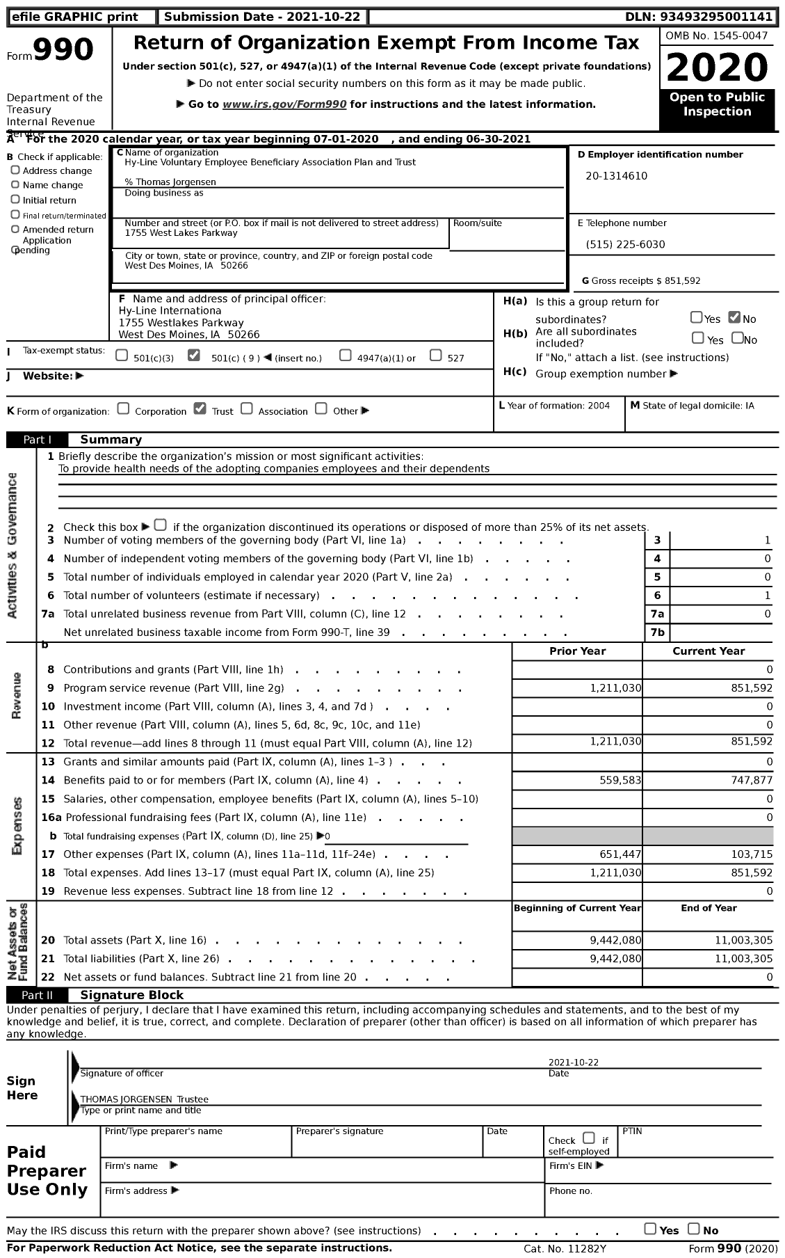 Image of first page of 2020 Form 990 for Hy-Line Voluntary Employee Beneficiary Association Plan and Trust