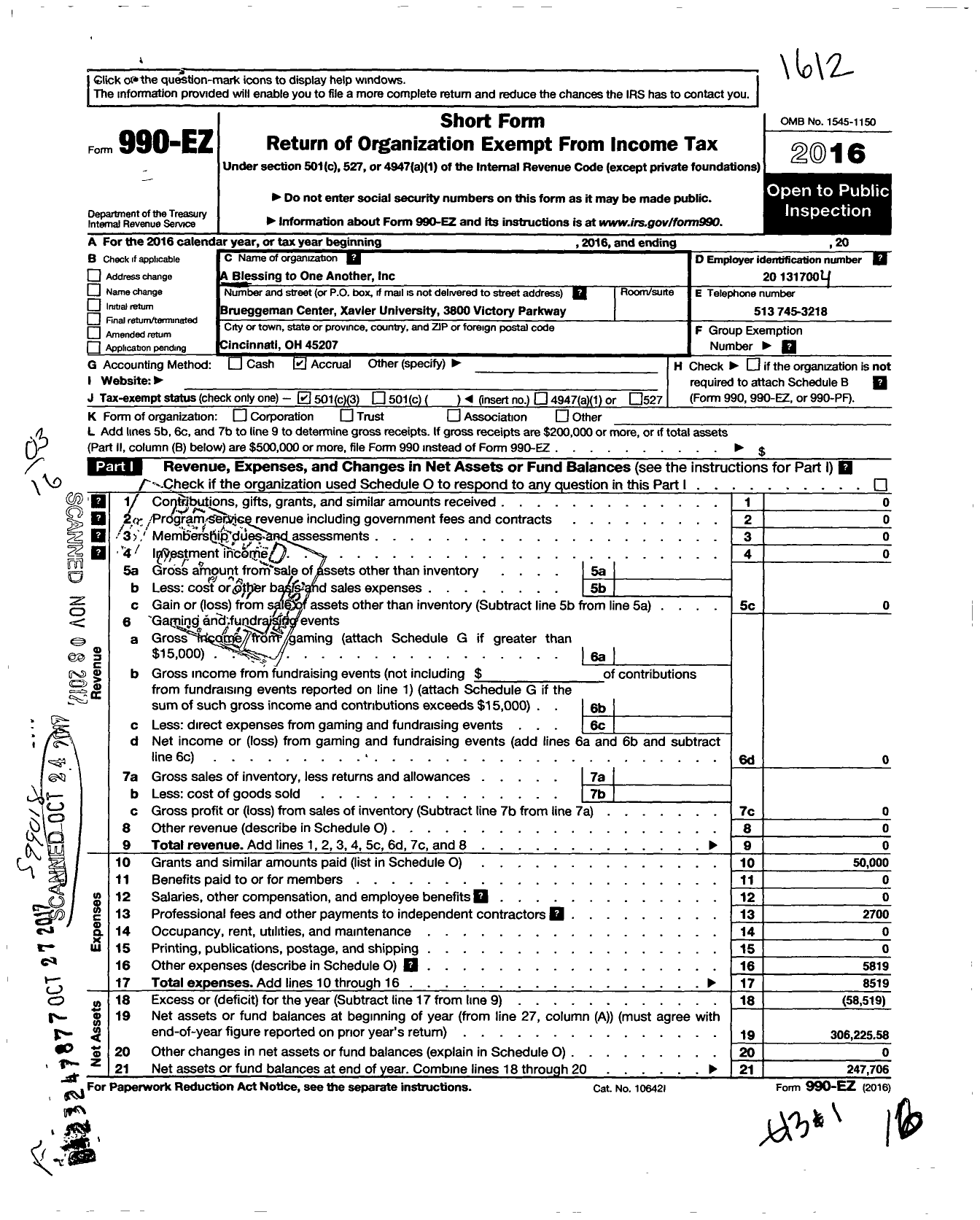 Image of first page of 2016 Form 990EZ for A Blessing To One Another