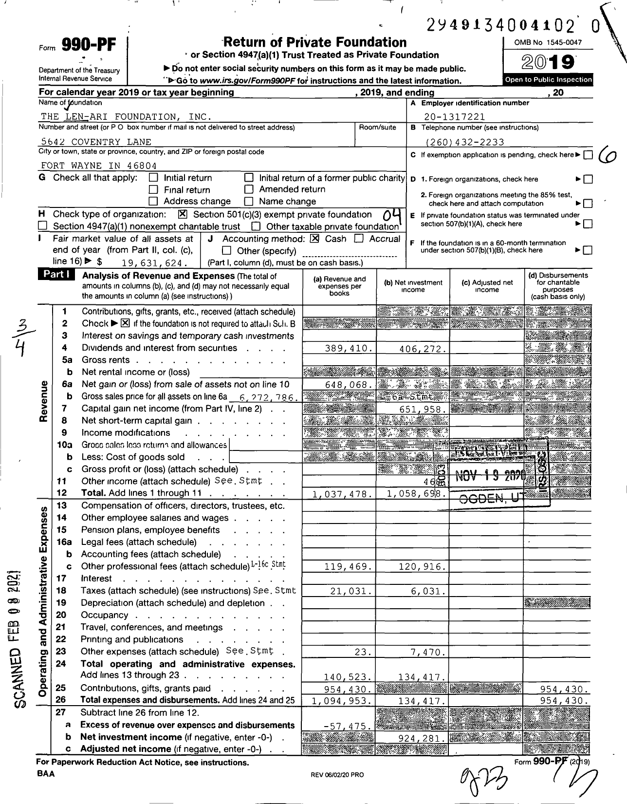 Image of first page of 2019 Form 990PF for The Len-Ari Foundation