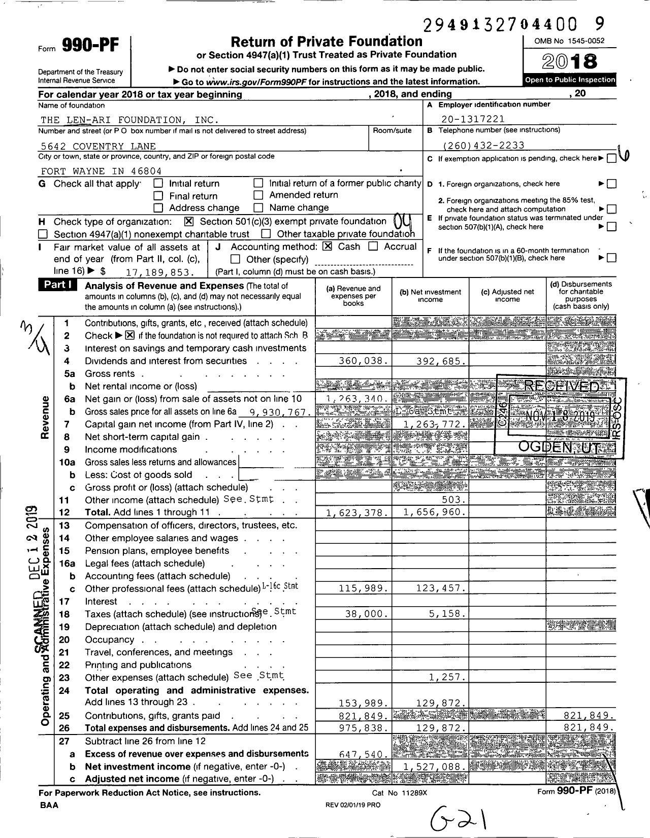Image of first page of 2018 Form 990PF for The Len-Ari Foundation
