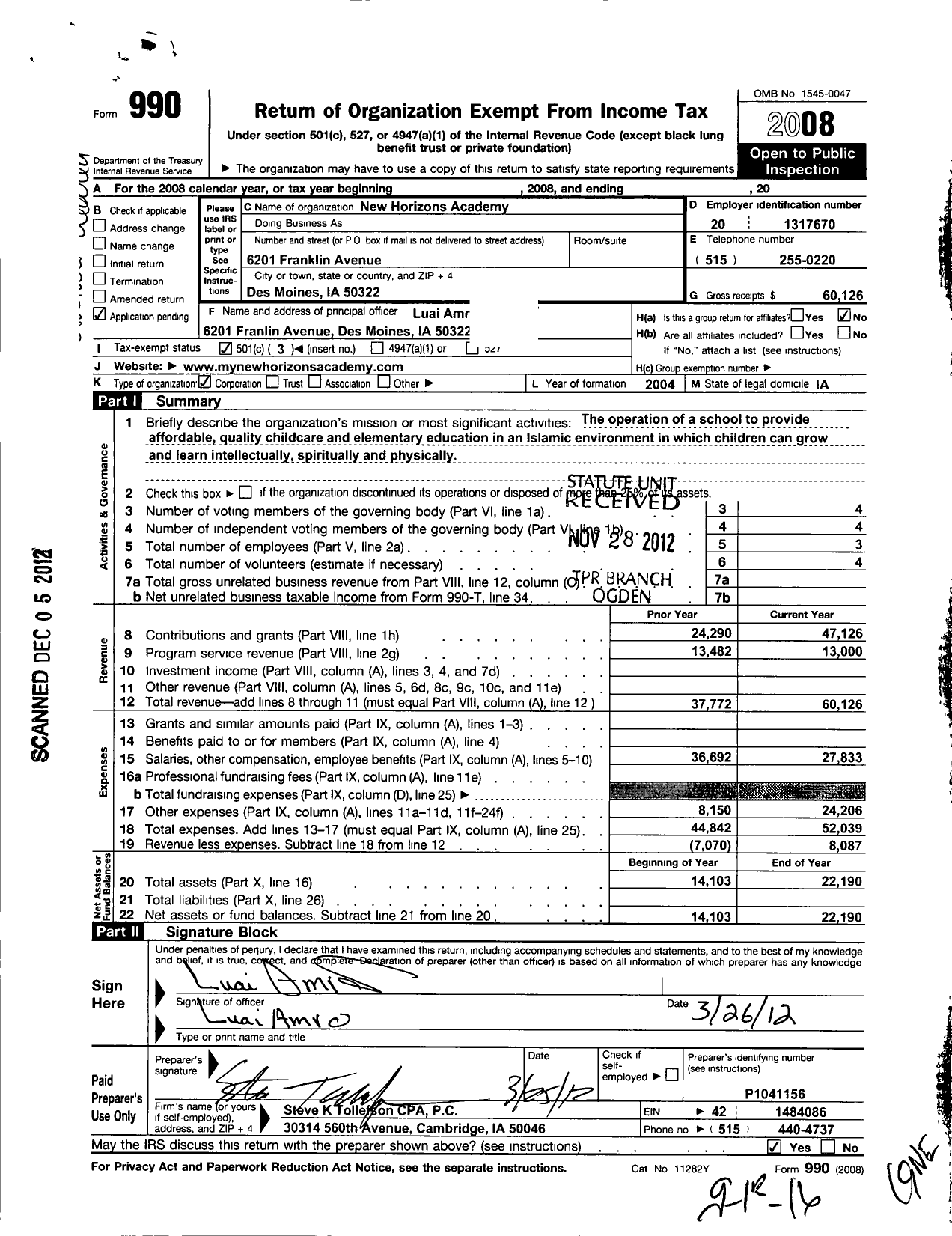 Image of first page of 2008 Form 990 for New Horizons Academy