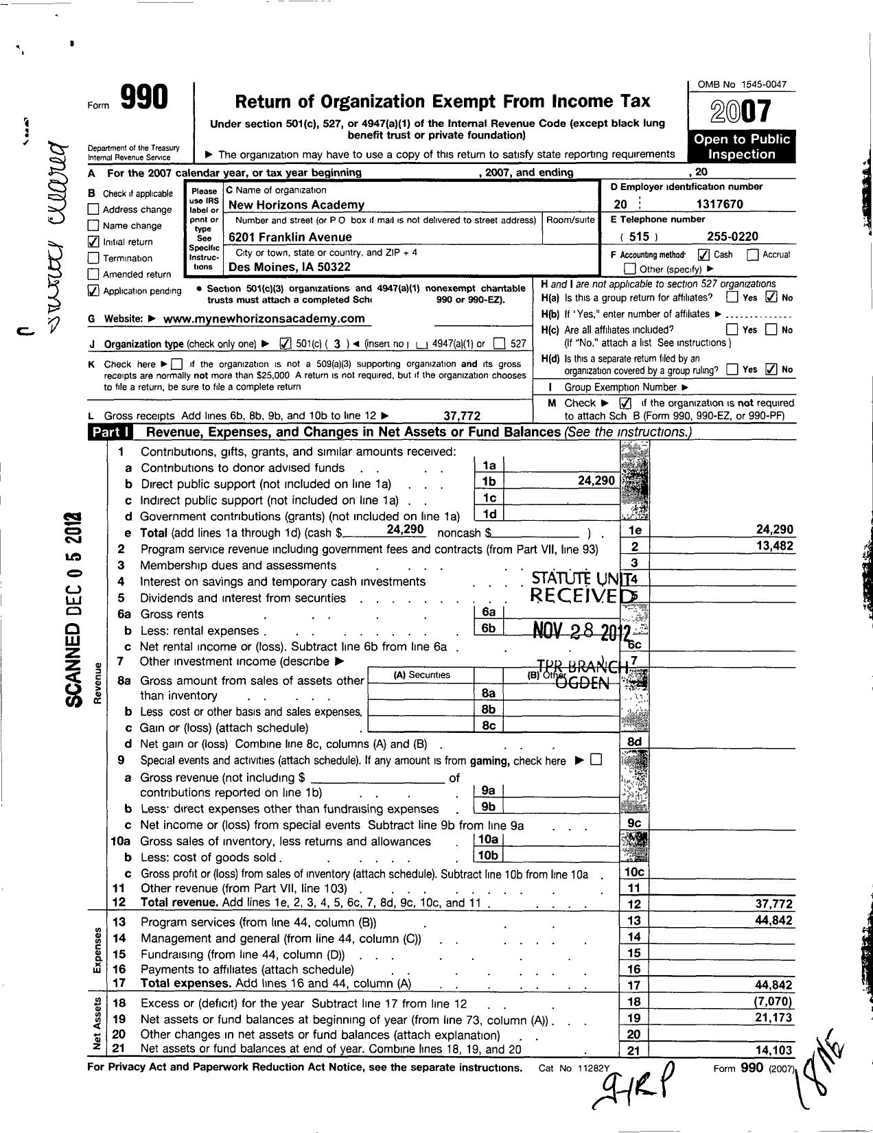 Image of first page of 2007 Form 990 for New Horizons Academy