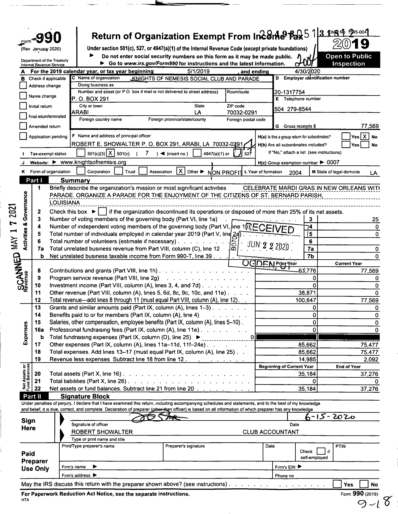 Image of first page of 2019 Form 990O for Knights of Nemesis Social Club and Parade