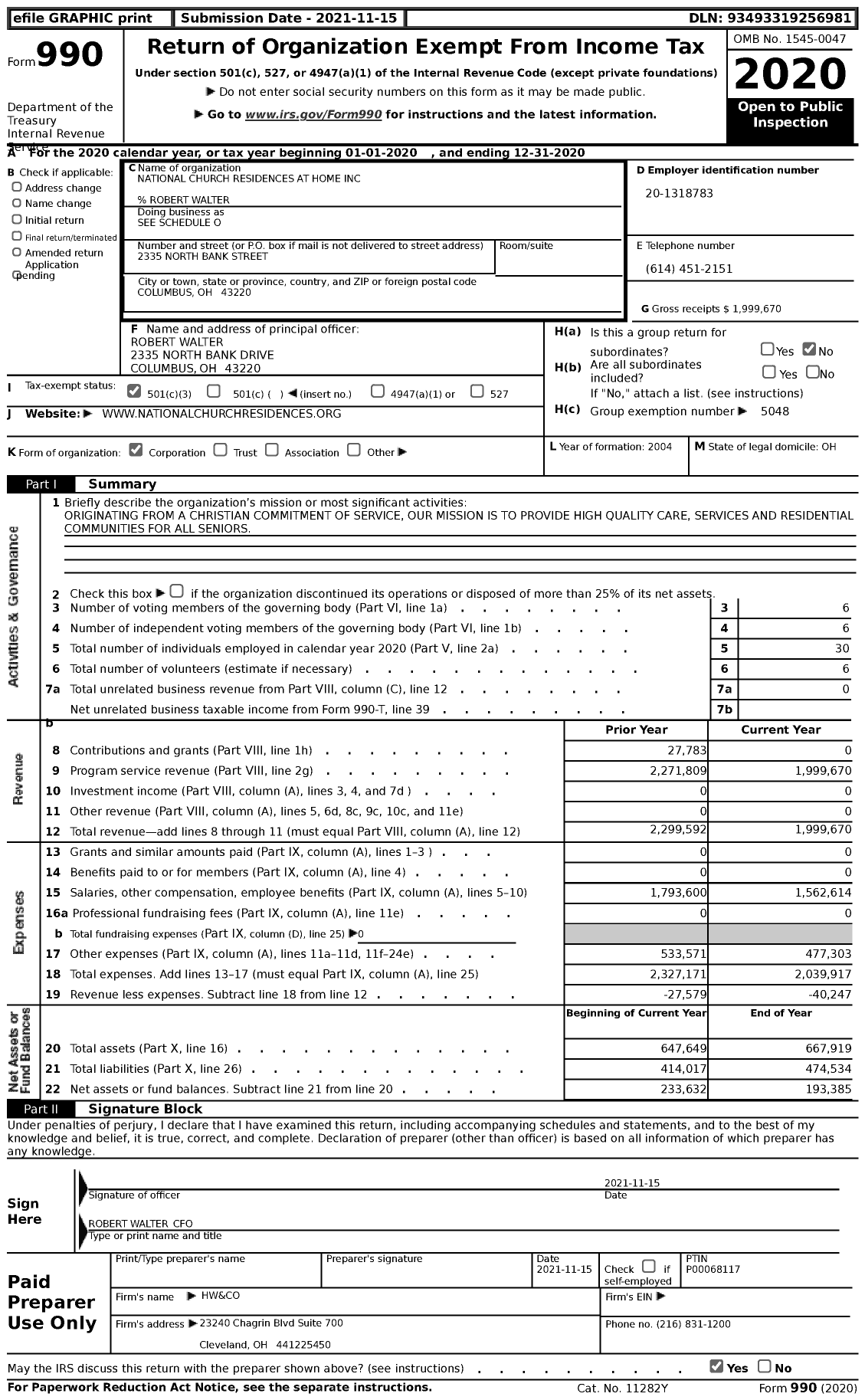 Image of first page of 2020 Form 990 for National Church Residences - Bristol at Home