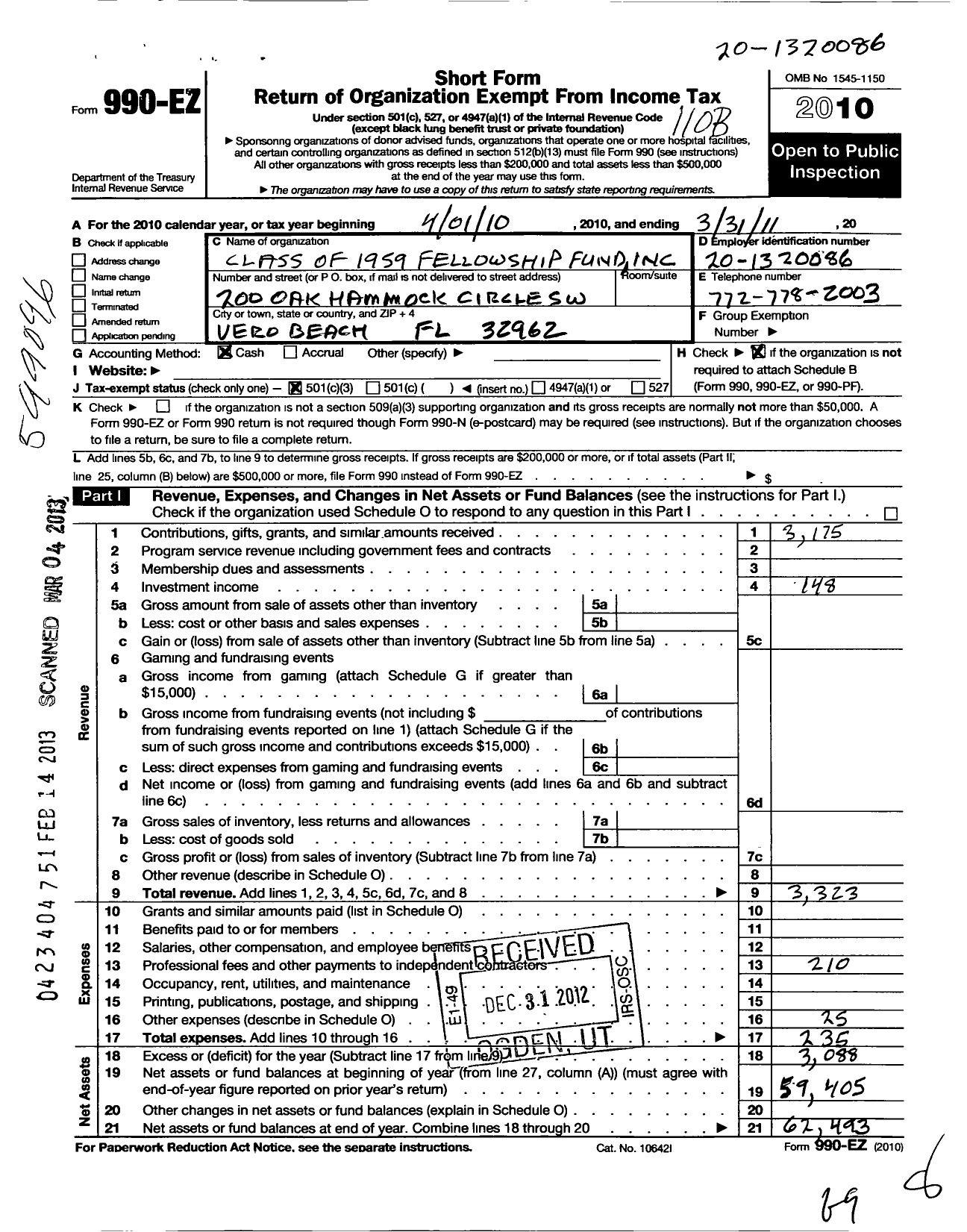 Image of first page of 2010 Form 990 for Class of 1959 Fellowship Fund