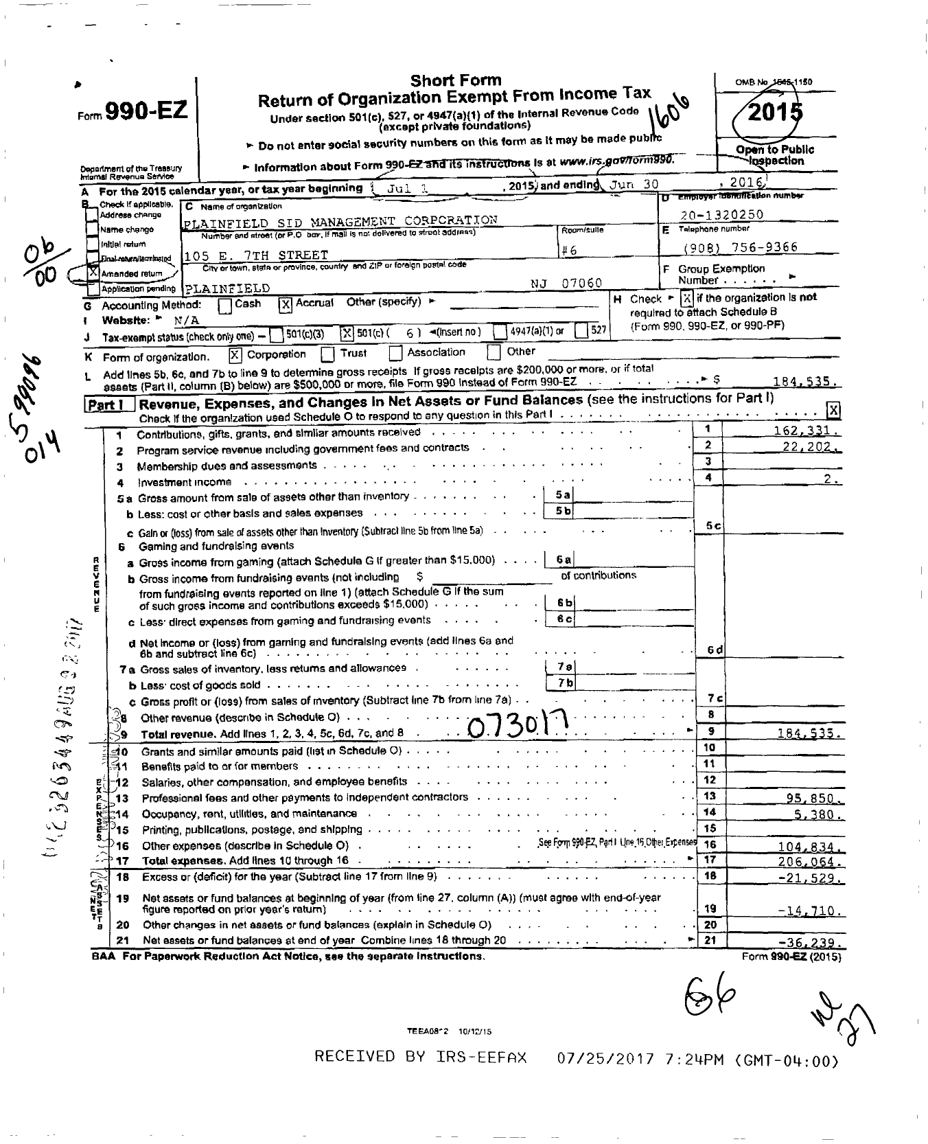Image of first page of 2015 Form 990EO for Plainfield Sid Management Corporation