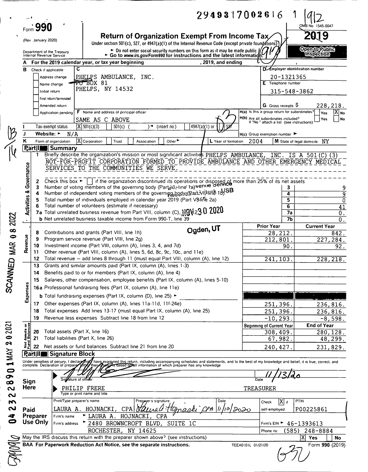 Image of first page of 2019 Form 990 for Phelps Ambulance