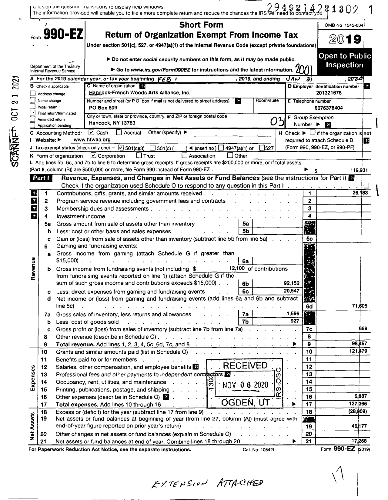 Image of first page of 2019 Form 990EZ for Hancock-French Woods Arts Alliance