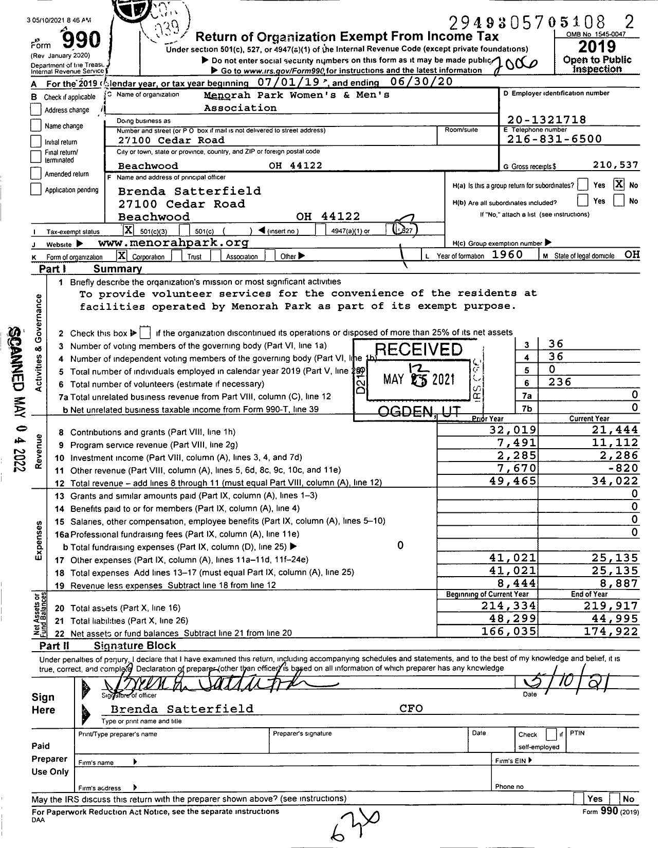 Image of first page of 2019 Form 990 for Menorah Park Womens and Mens Association