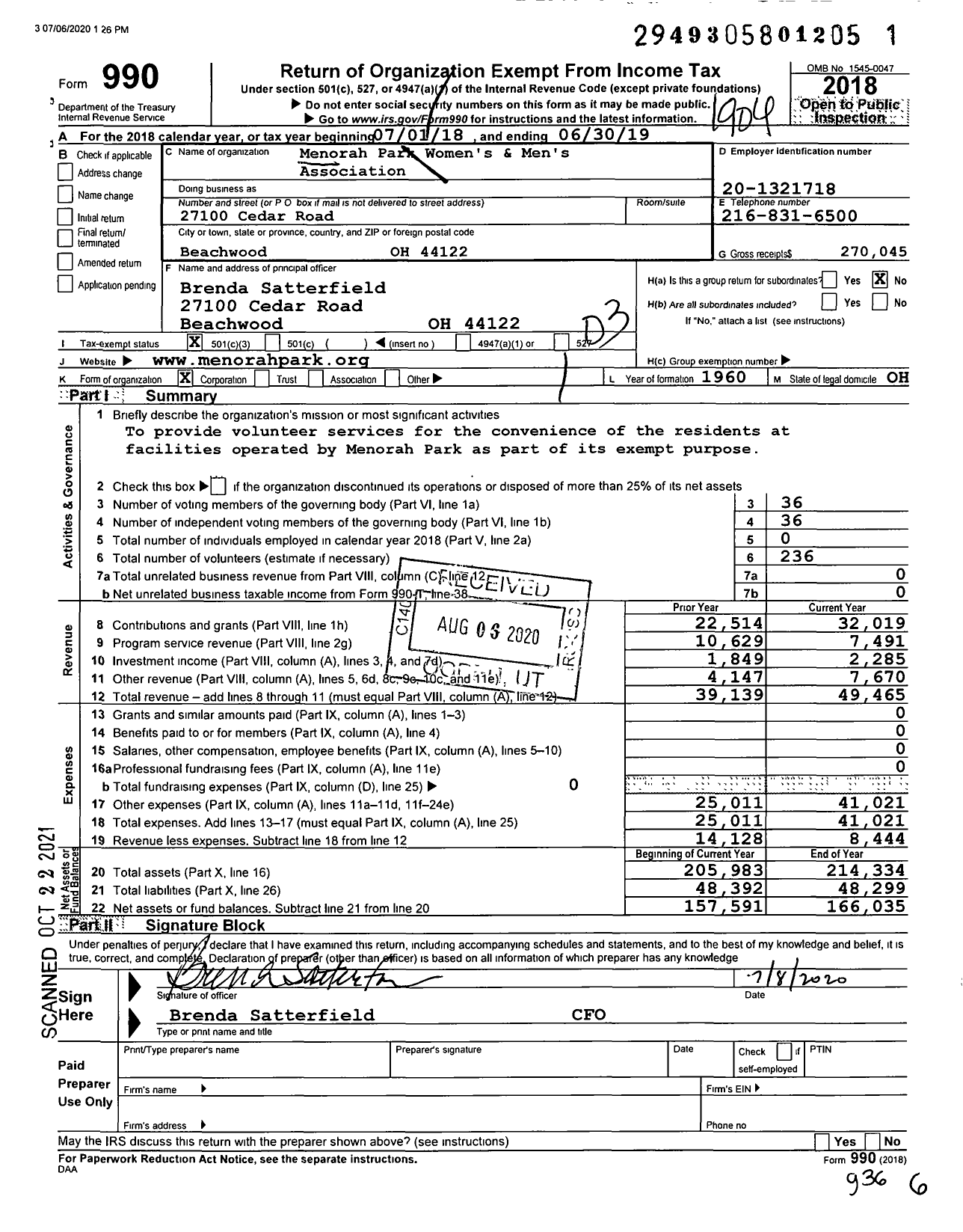 Image of first page of 2018 Form 990 for Menorah Park Womens and Mens Association