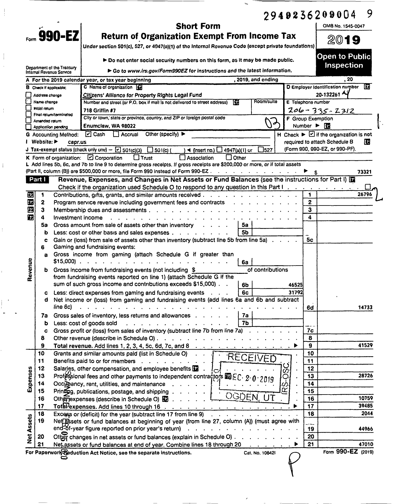 Image of first page of 2019 Form 990EZ for Citizens Alliance for Property Rights Legal Fund