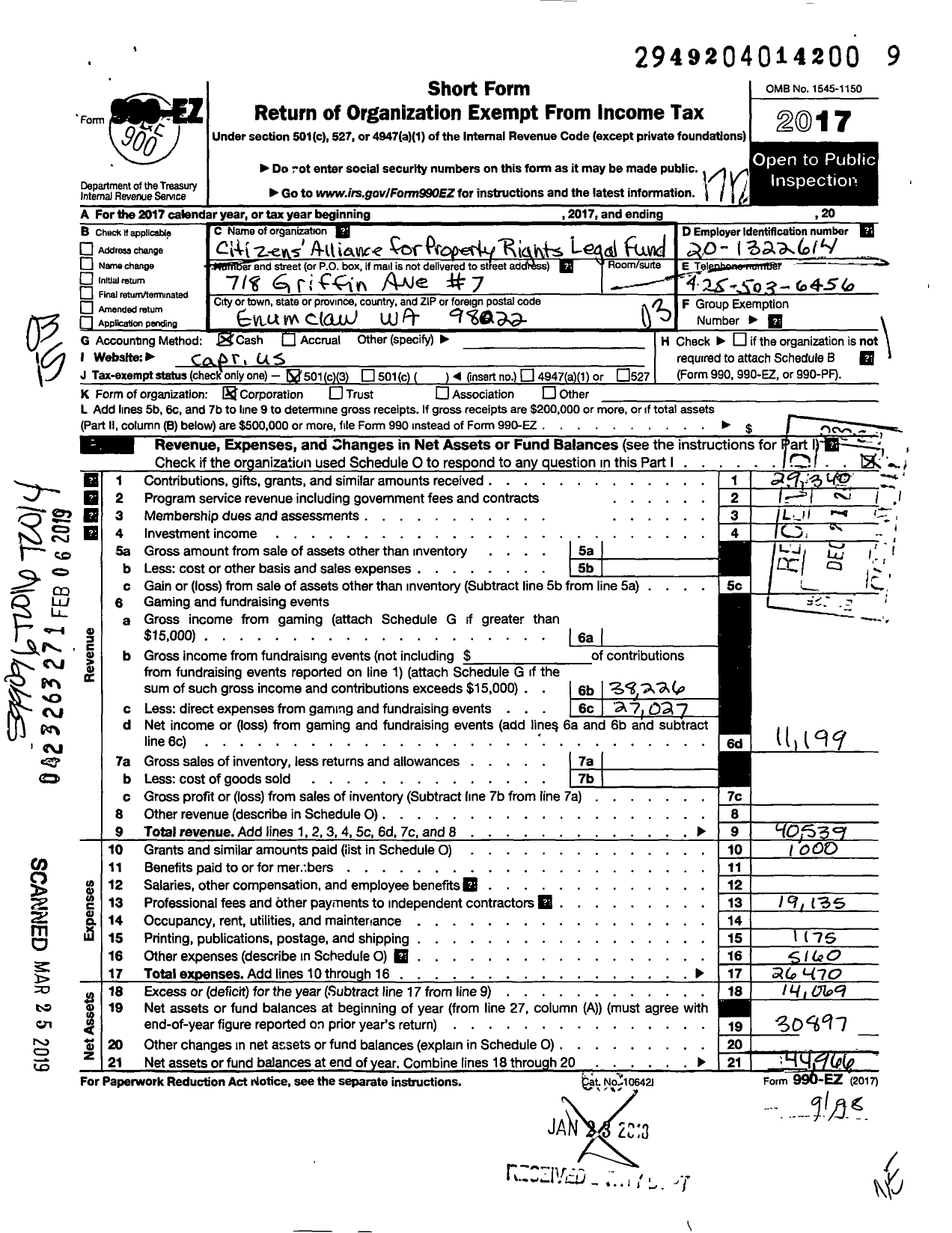 Image of first page of 2017 Form 990EZ for Citizens Alliance for Property Rights Legal Fund