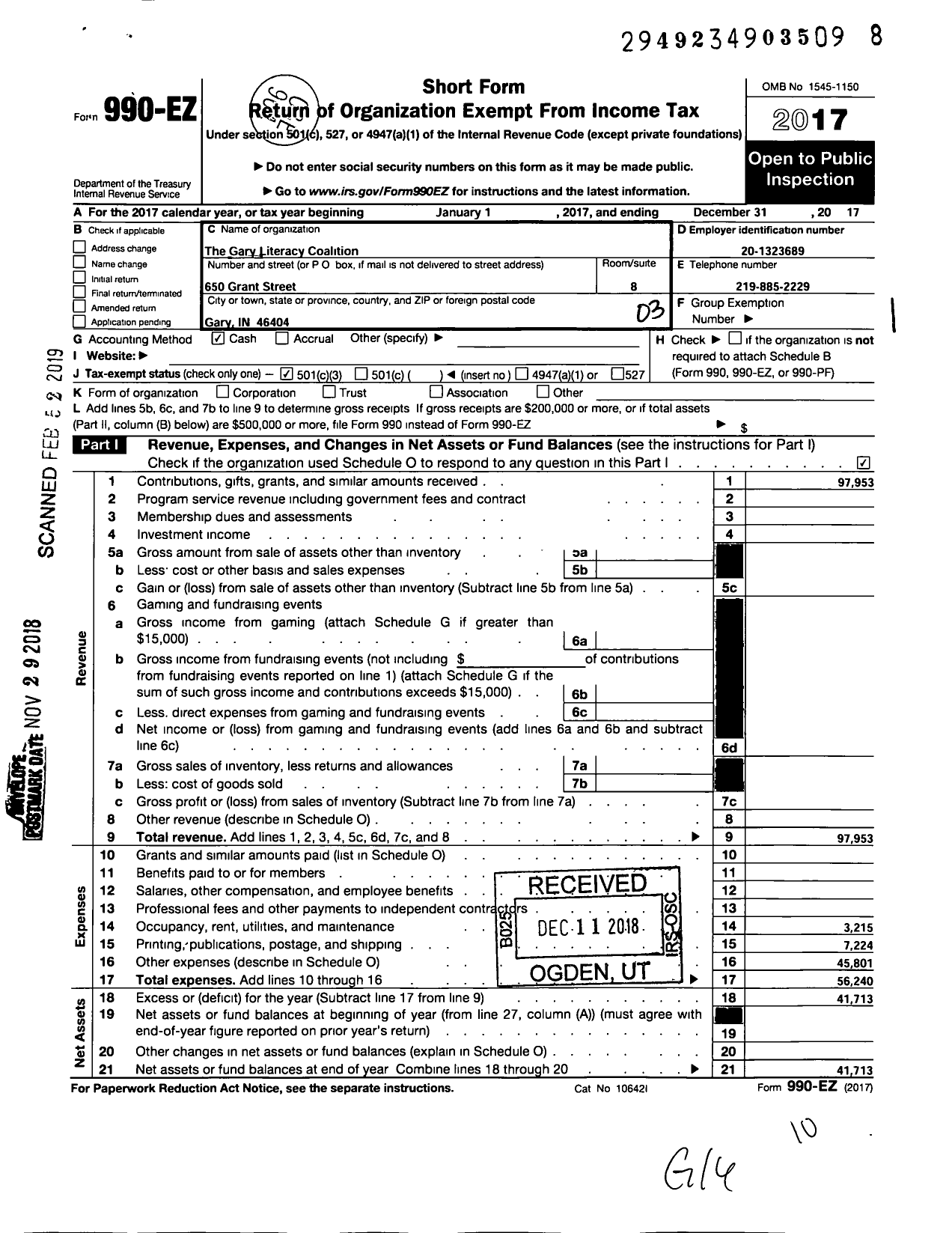 Image of first page of 2017 Form 990EZ for The Gary Literacy Coalition