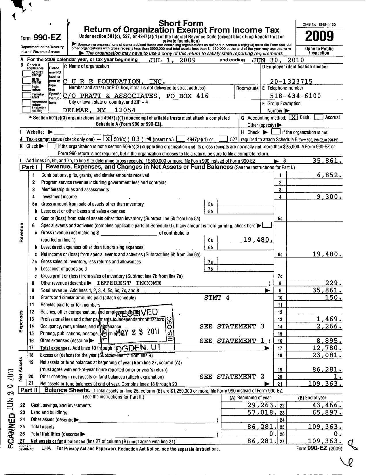 Image of first page of 2009 Form 990EZ for C U R E Foundation
