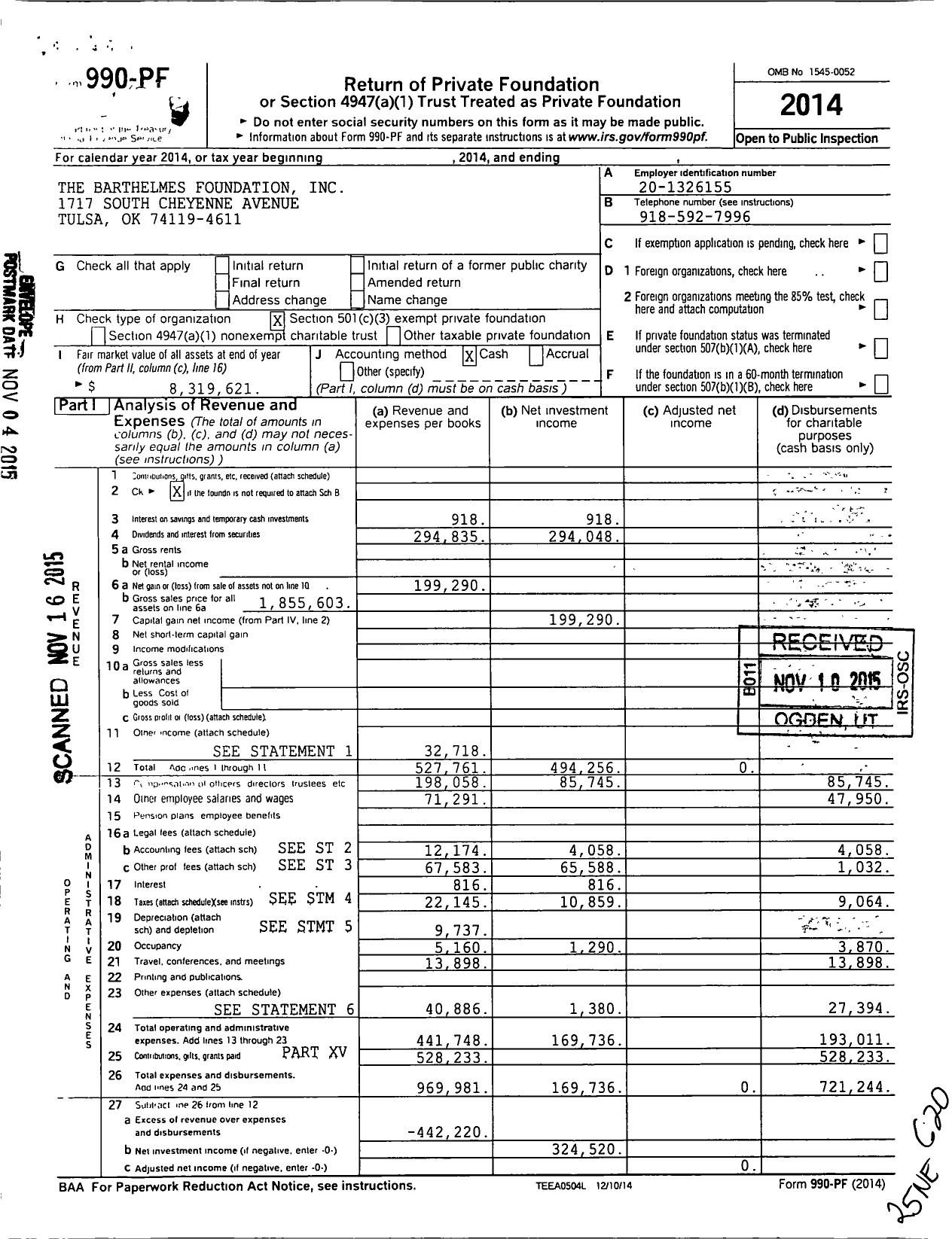 Image of first page of 2014 Form 990PF for The Barthelmes Foundation