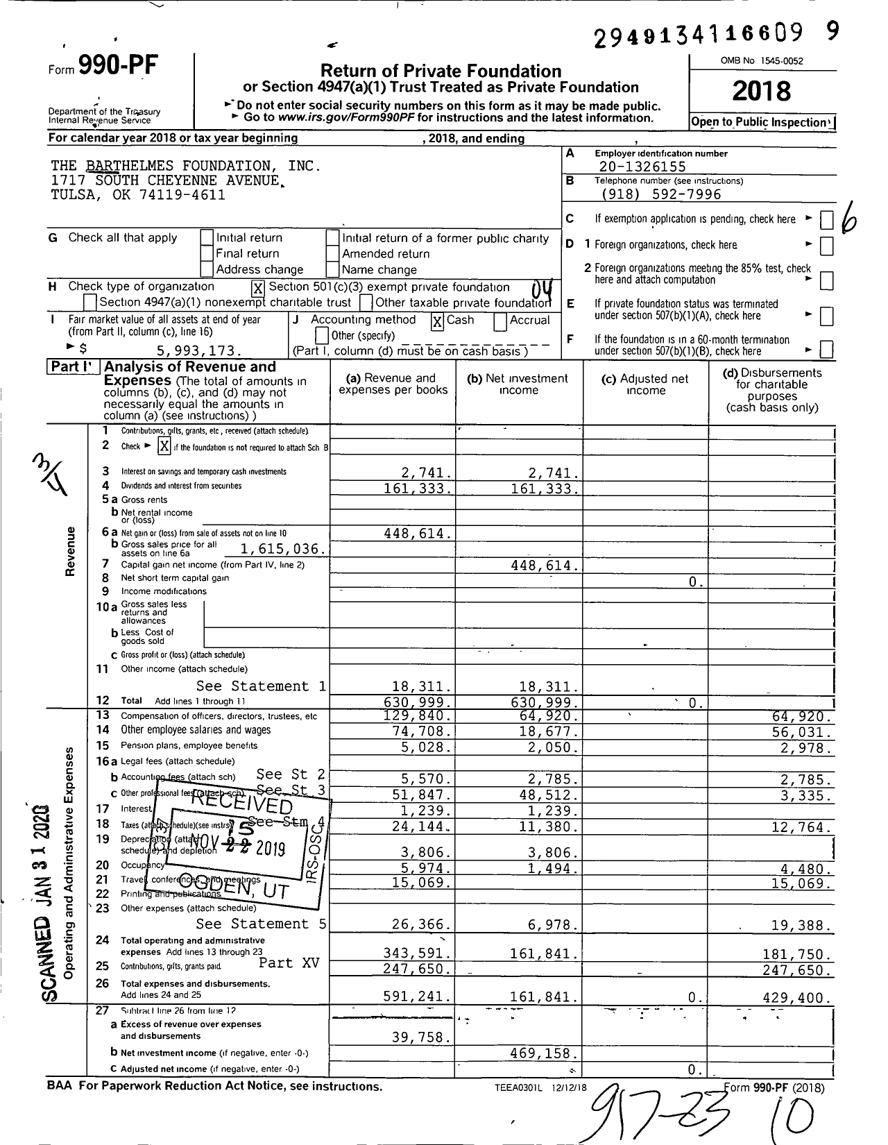 Image of first page of 2018 Form 990EZ for The Barthelmes Foundation