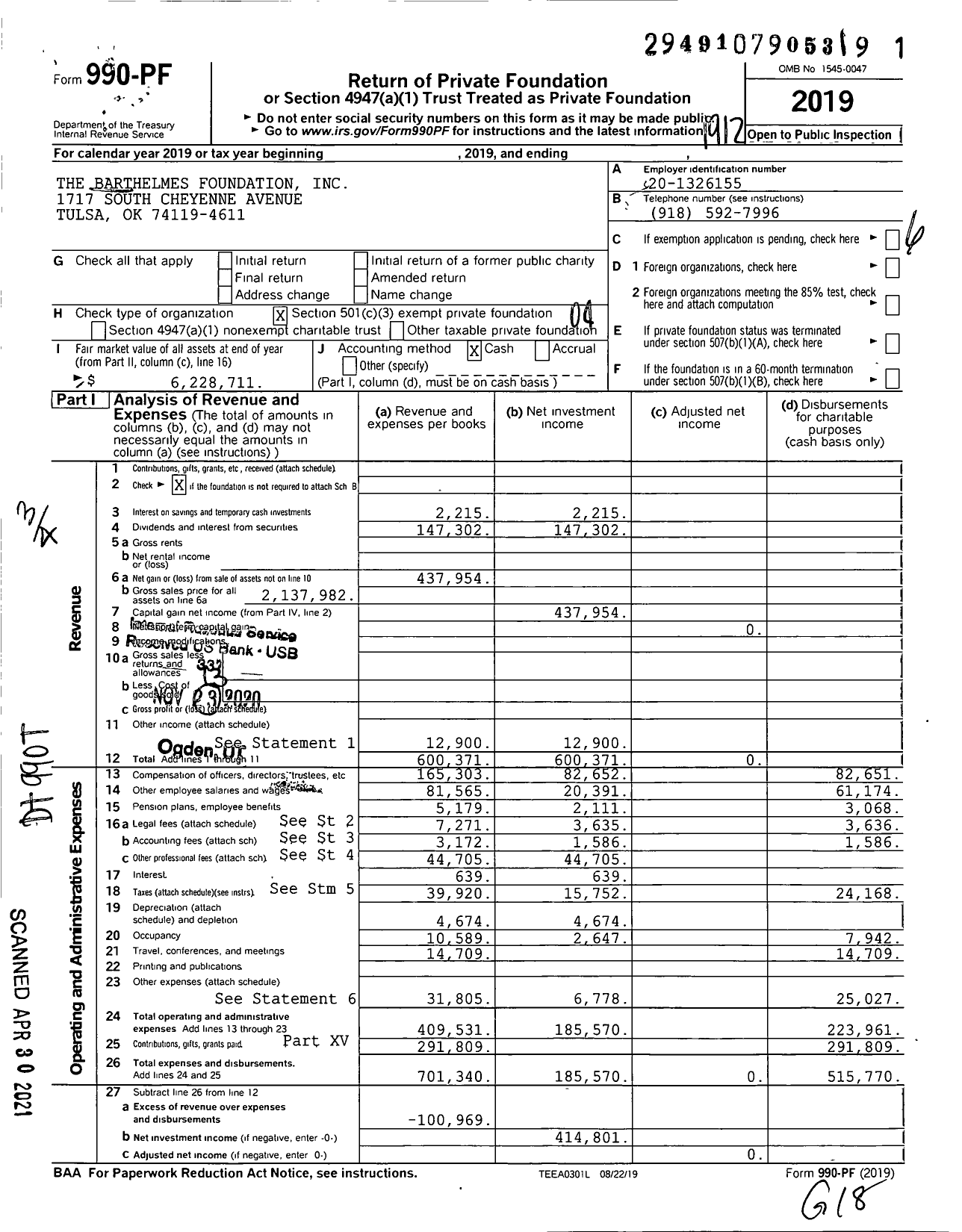 Image of first page of 2019 Form 990PF for The Barthelmes Foundation