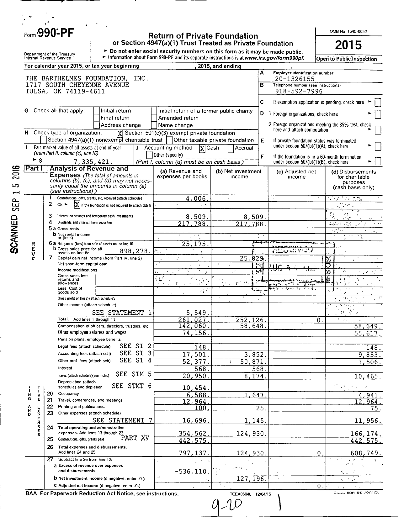 Image of first page of 2015 Form 990PF for The Barthelmes Foundation