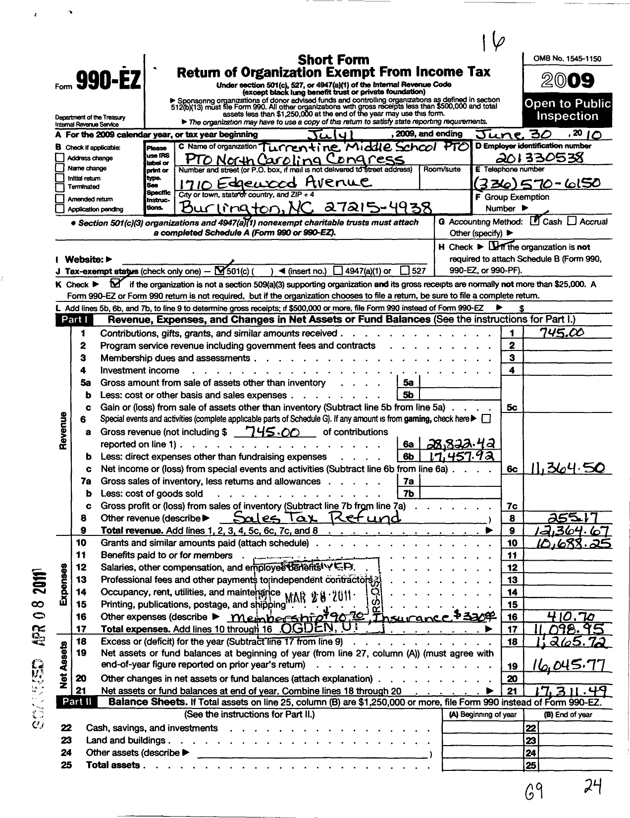 Image of first page of 2009 Form 990EO for Turrentine Middle School Parent Teacher Organization