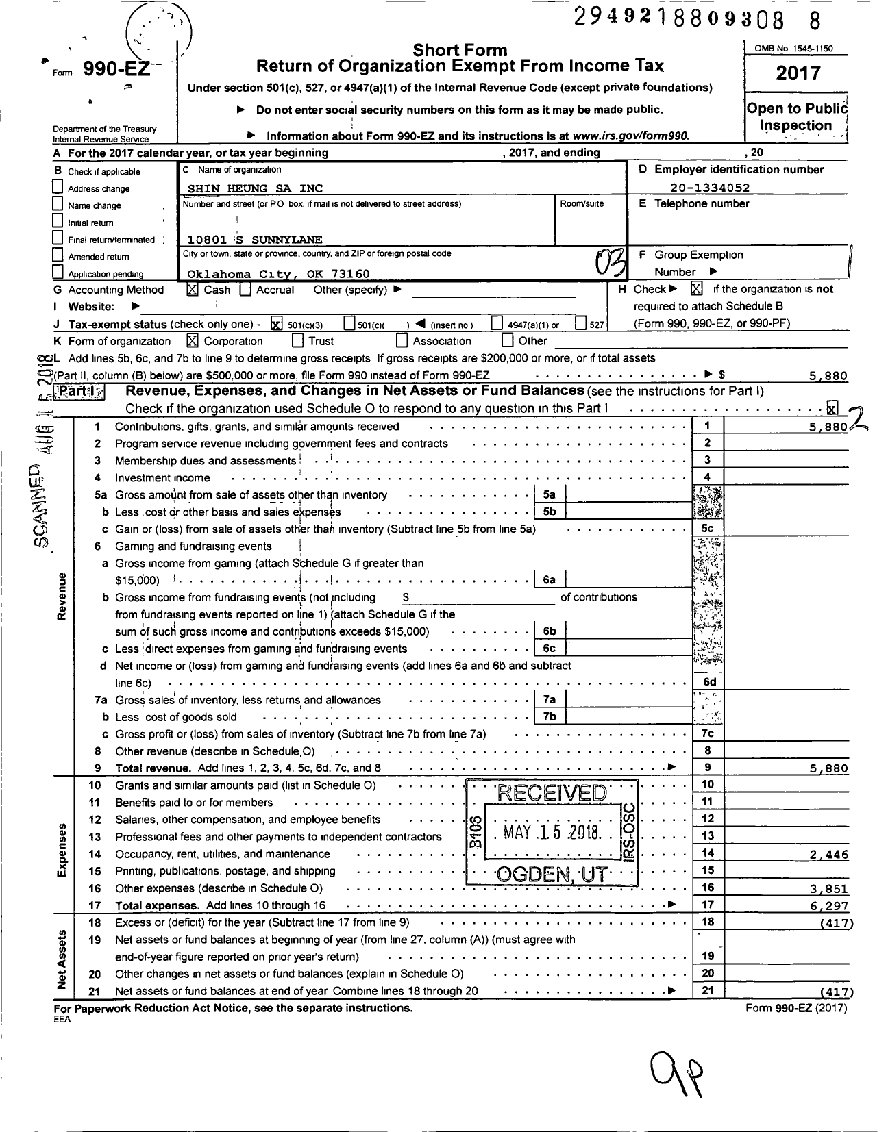 Image of first page of 2017 Form 990EZ for Shin Heung Sa