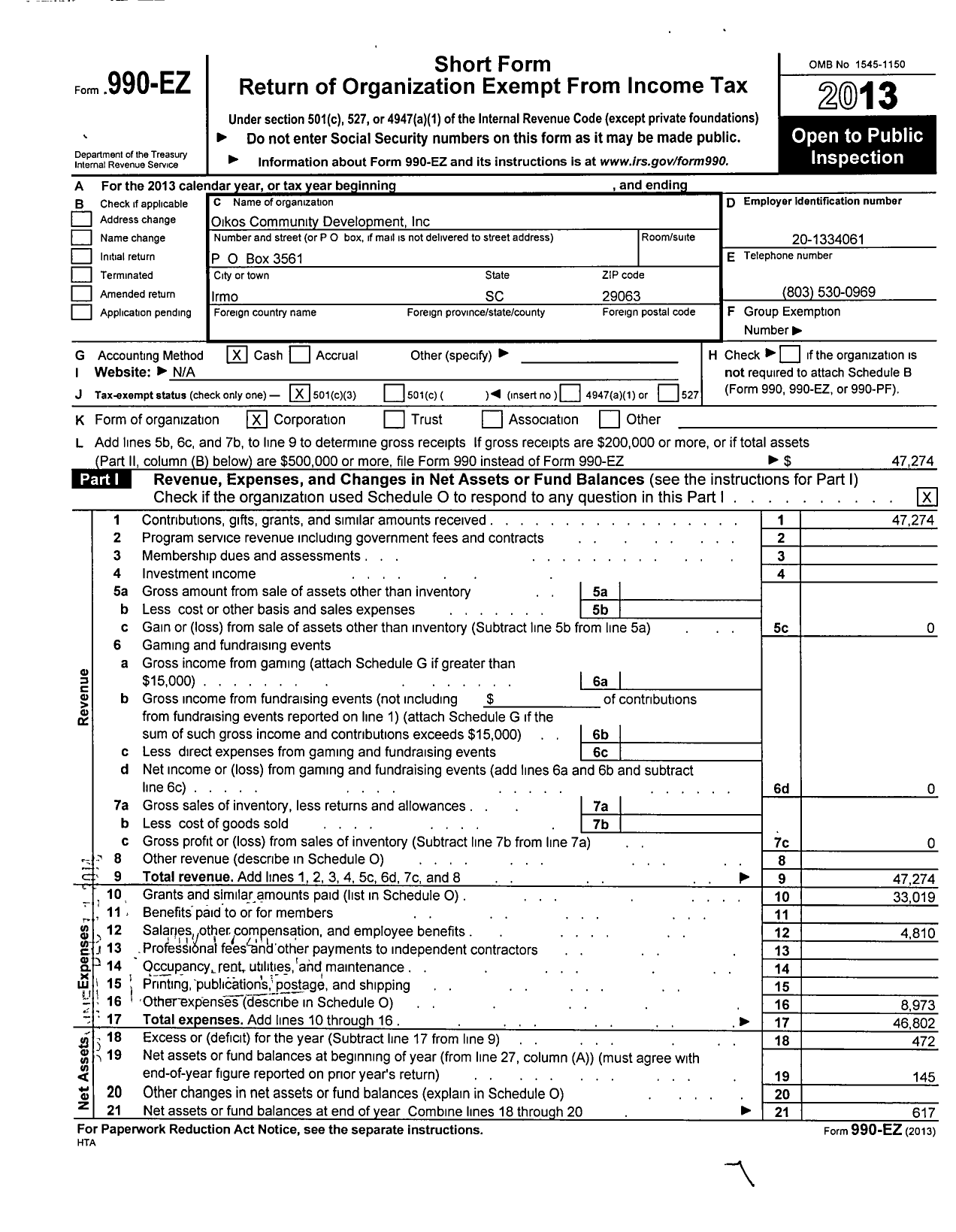 Image of first page of 2013 Form 990EZ for Oikos Community Development