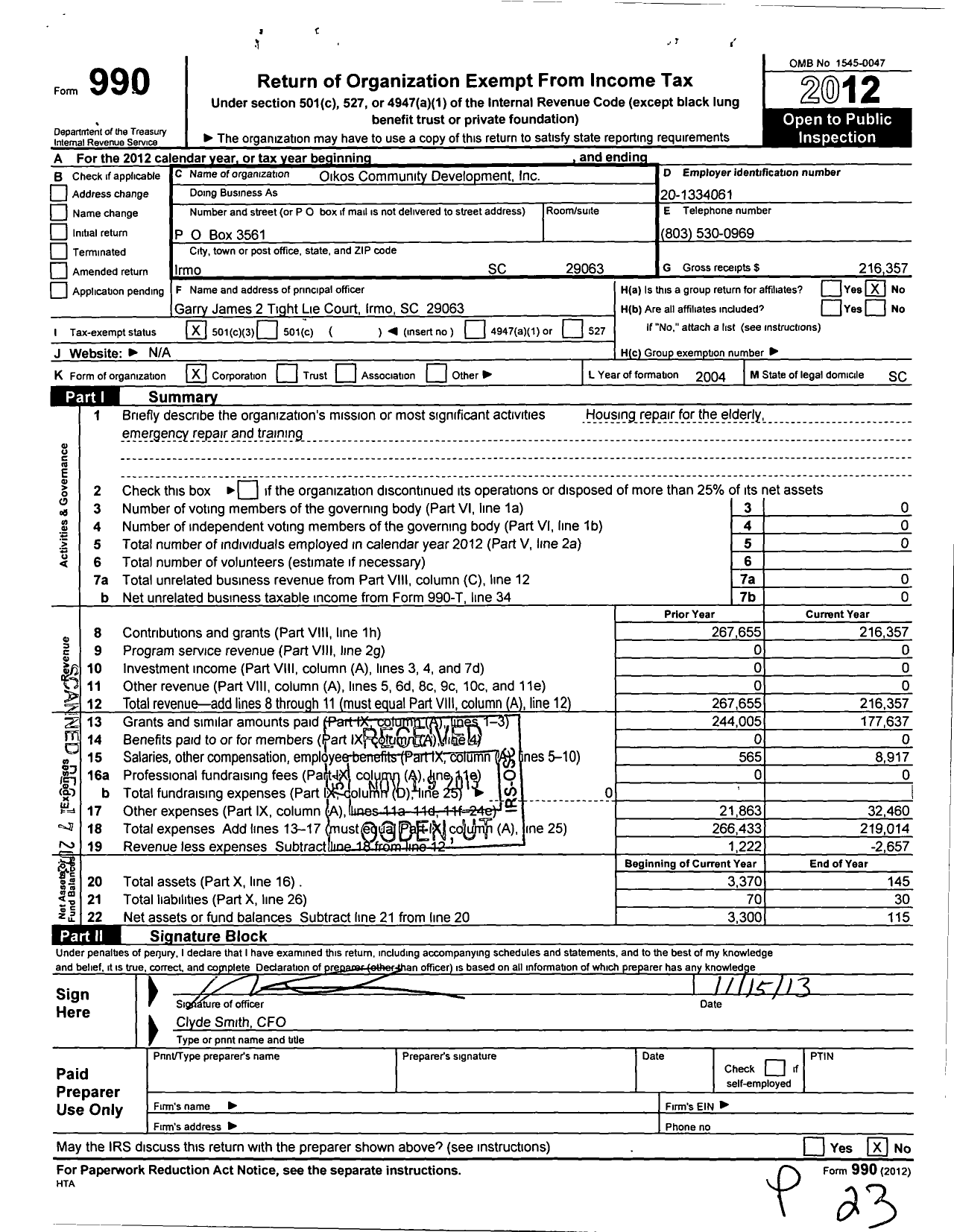 Image of first page of 2012 Form 990 for Oikos Community Development