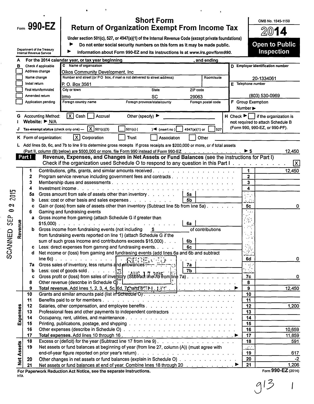 Image of first page of 2014 Form 990EZ for Oikos Community Development