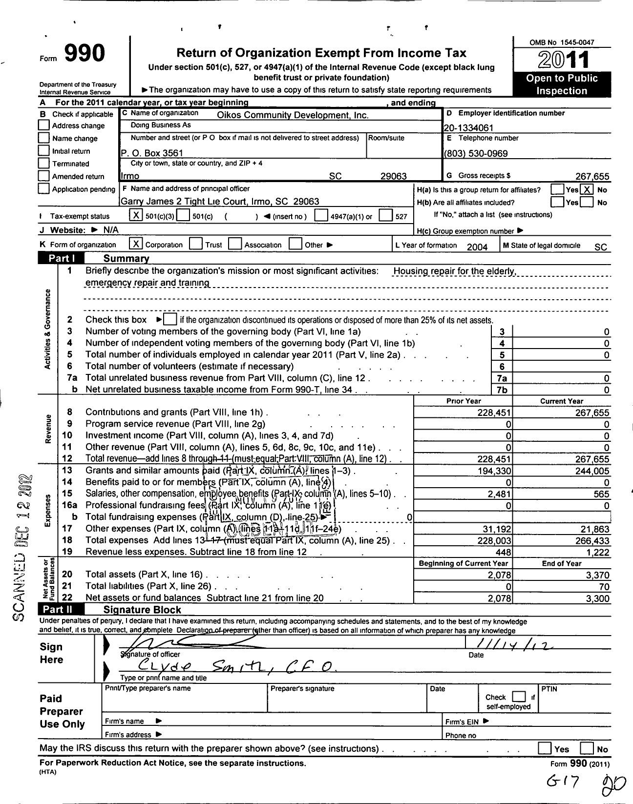 Image of first page of 2011 Form 990 for Oikos Community Development