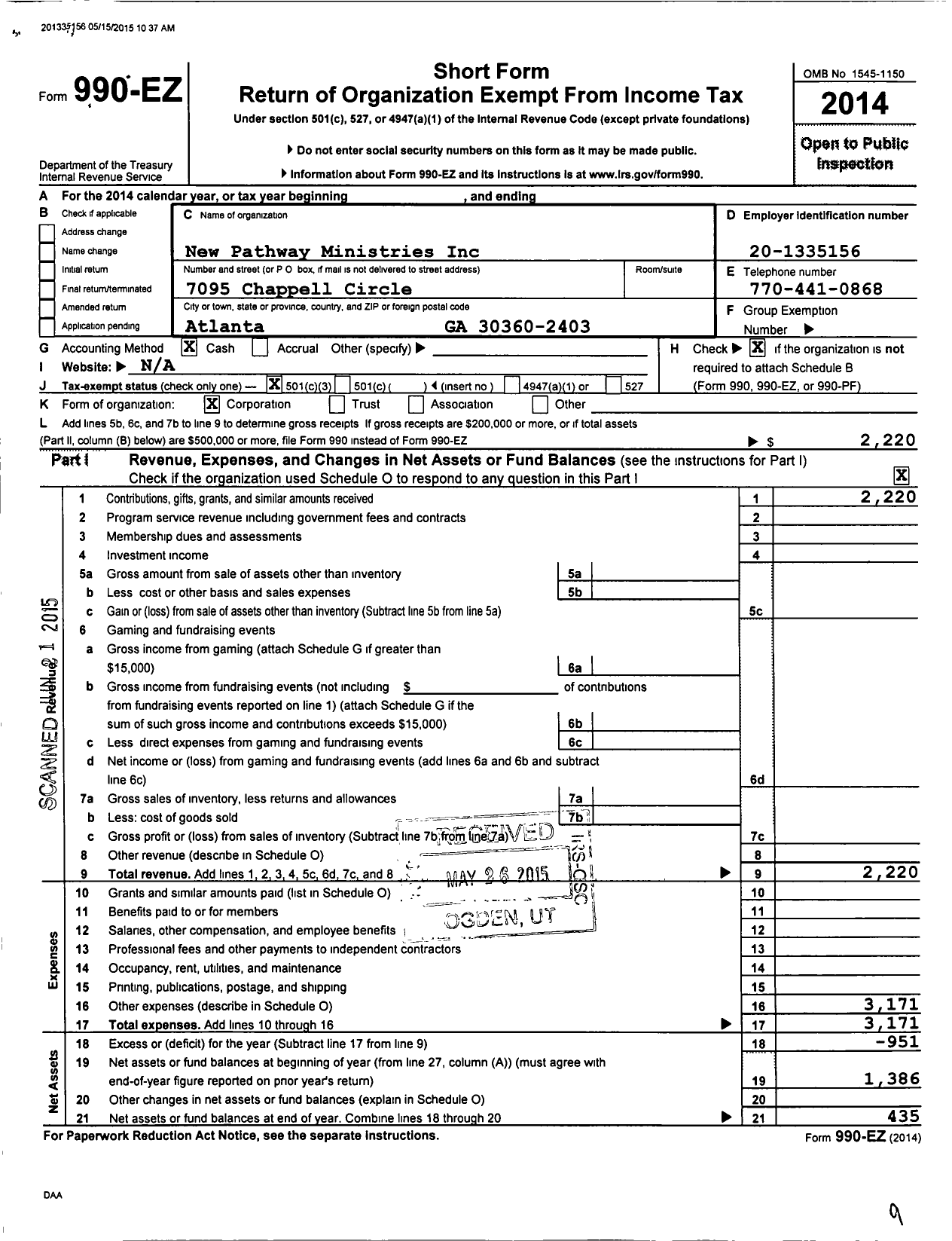 Image of first page of 2014 Form 990EZ for New Pathway Ministries