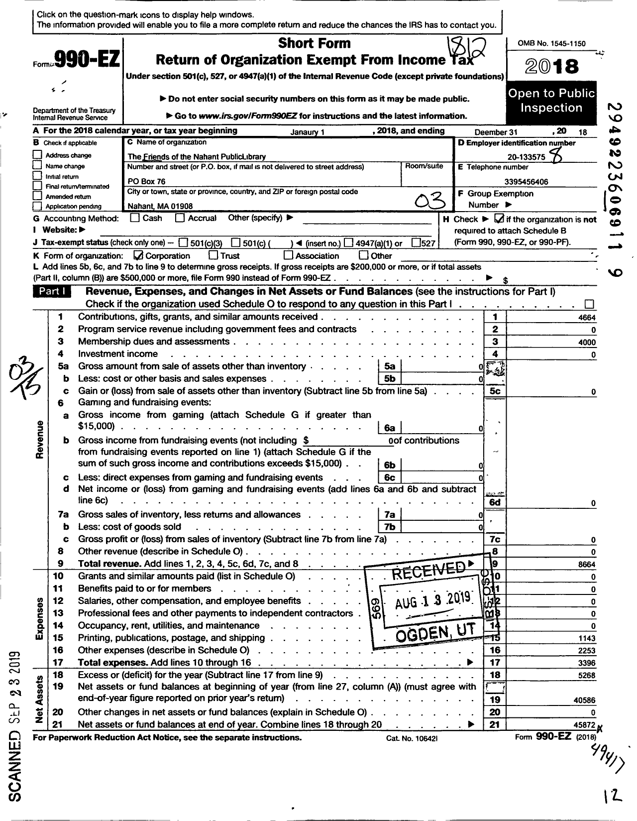 Image of first page of 2018 Form 990EZ for Friends of the Nahant Public Library