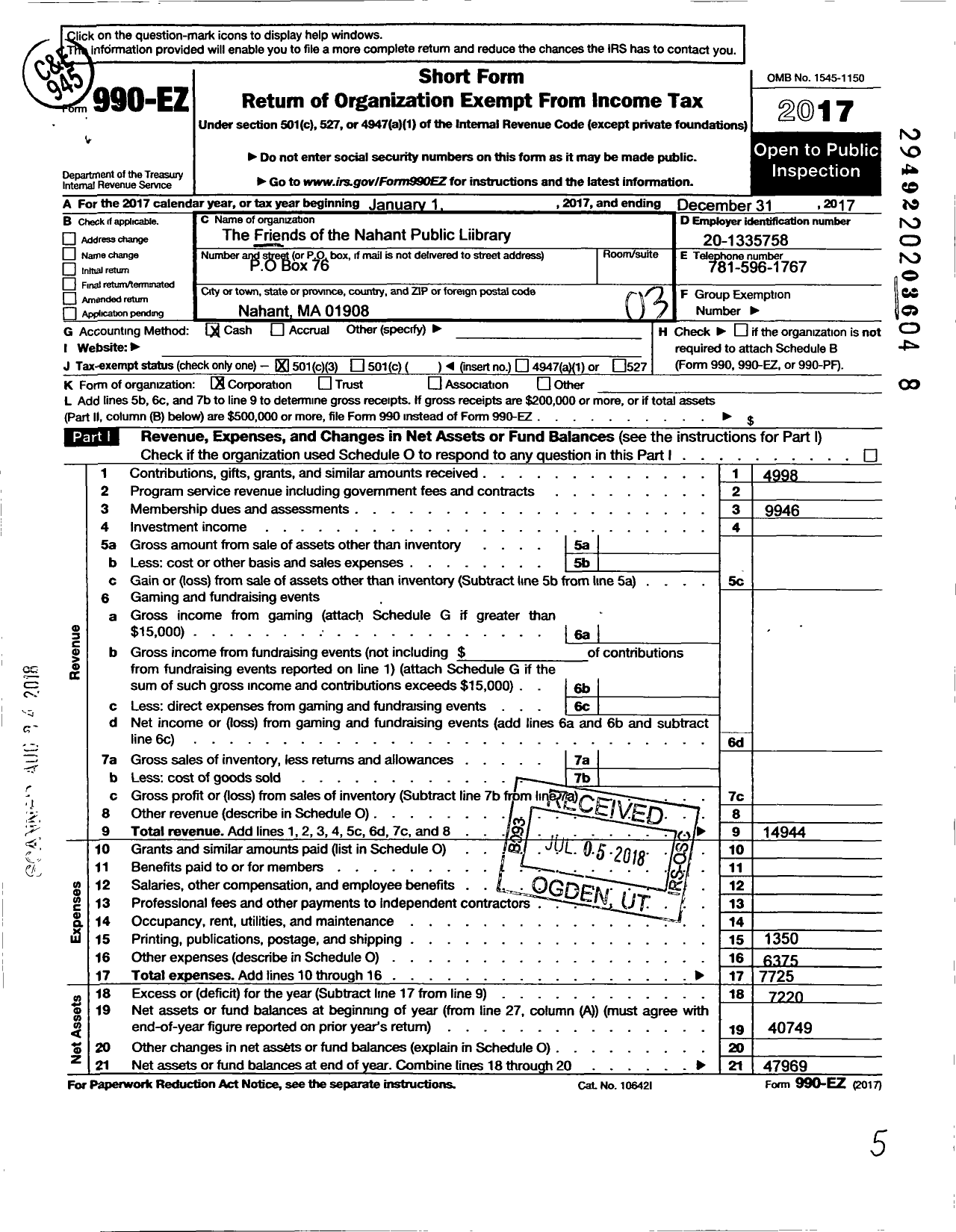 Image of first page of 2017 Form 990EZ for Friends of the Nahant Public Library