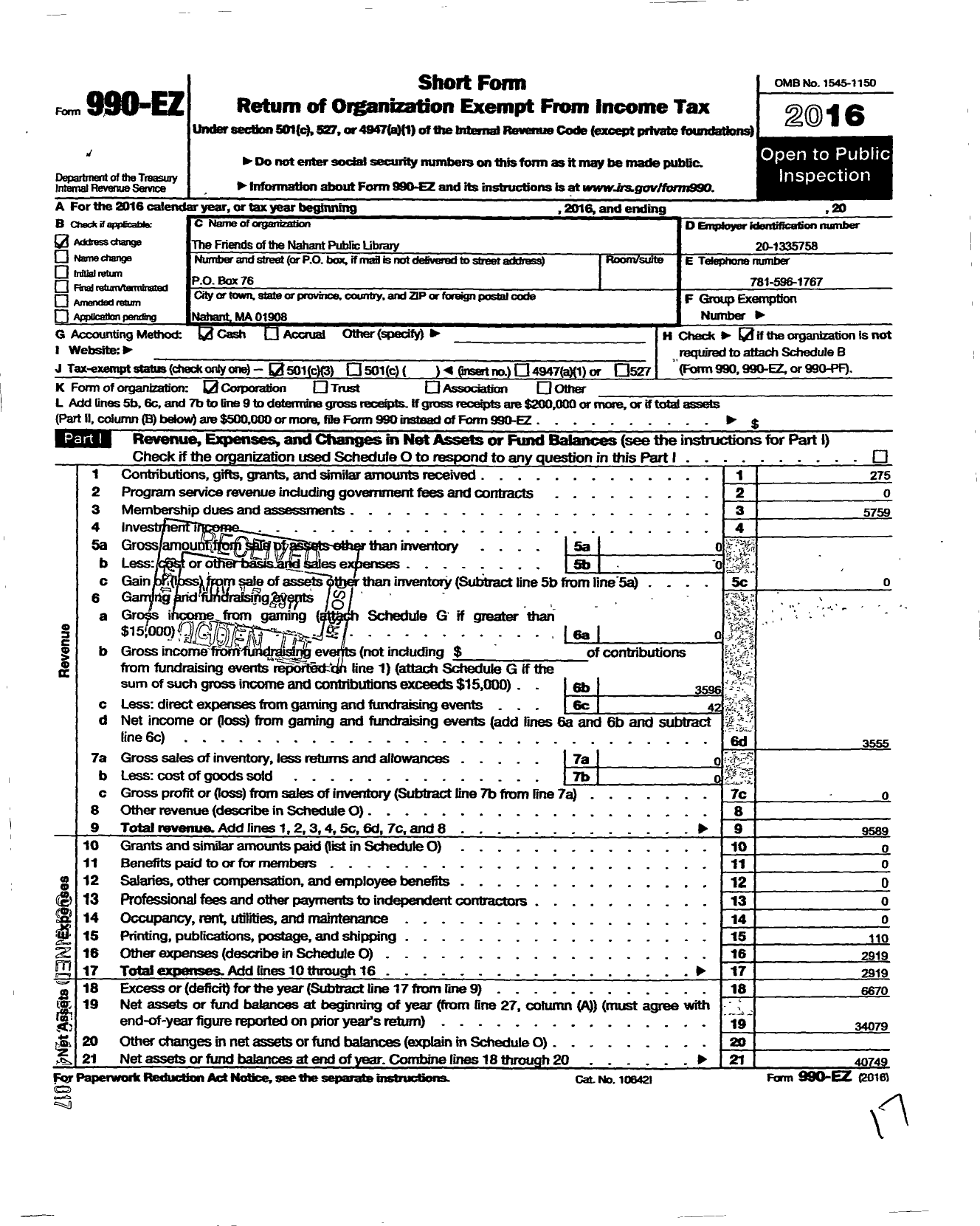 Image of first page of 2016 Form 990EZ for Friends of the Nahant Public Library