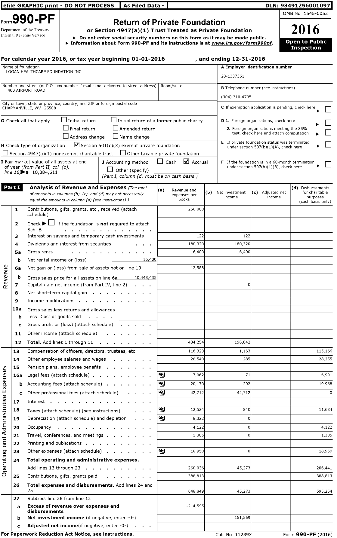 Image of first page of 2016 Form 990PF for Logan Healthcare Foundation
