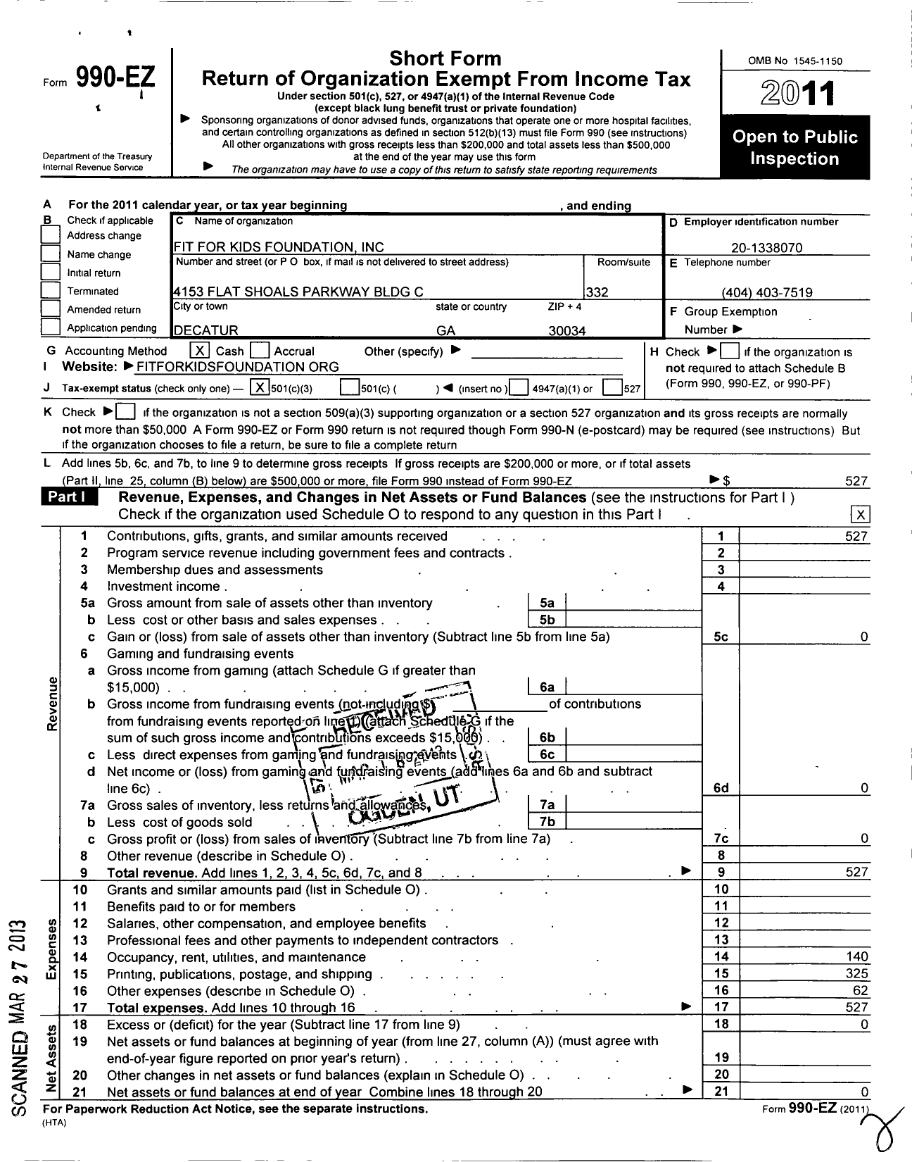 Image of first page of 2011 Form 990EZ for Fit for Kids Foundation